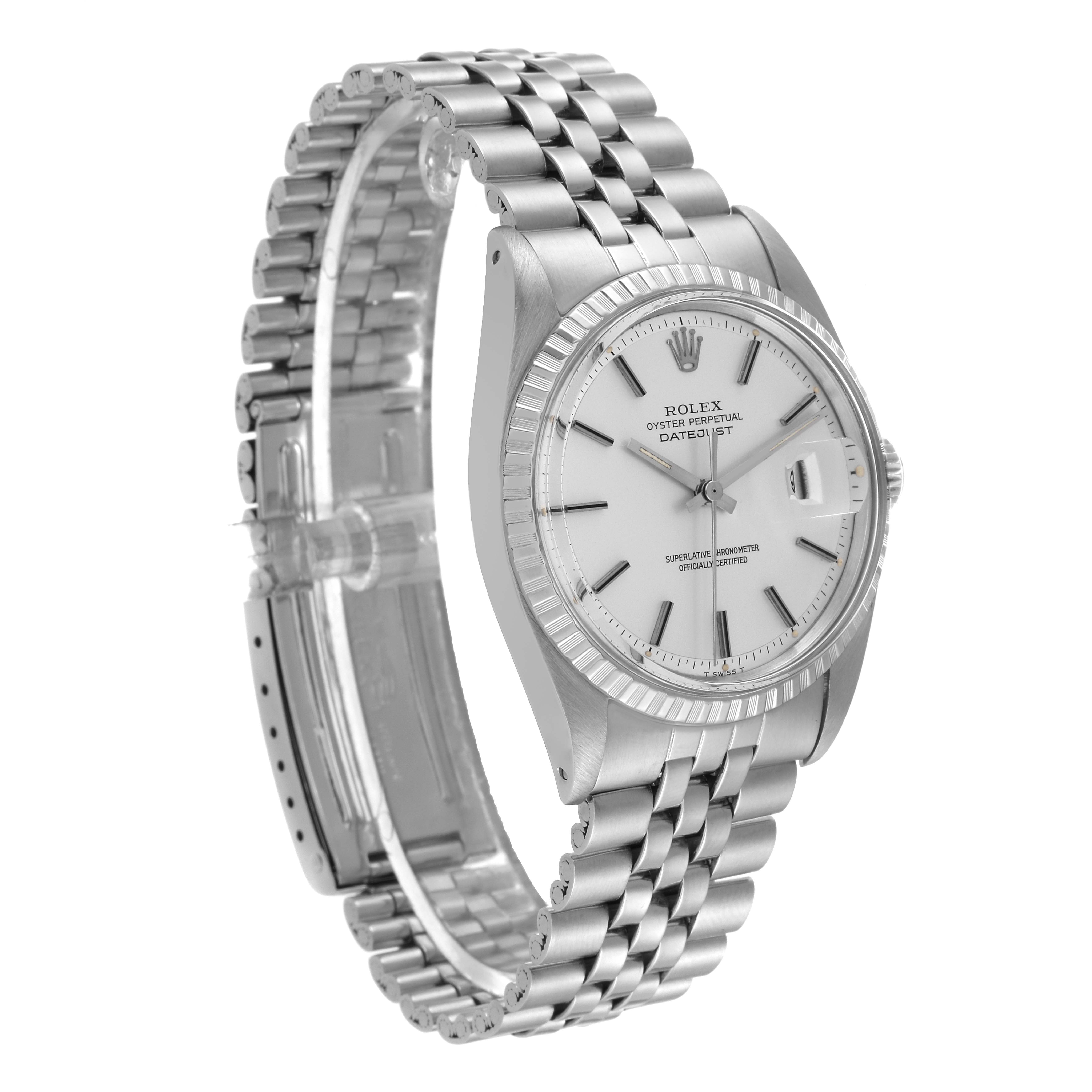 The Rolex Datejust 1603 Men's Stainless Steel Silver Dial 1603 Men's Stainless Steel Silver Dial watch is shown at a slight side angle, featuring the bracelet, dial, bezel, and partially the clasp.