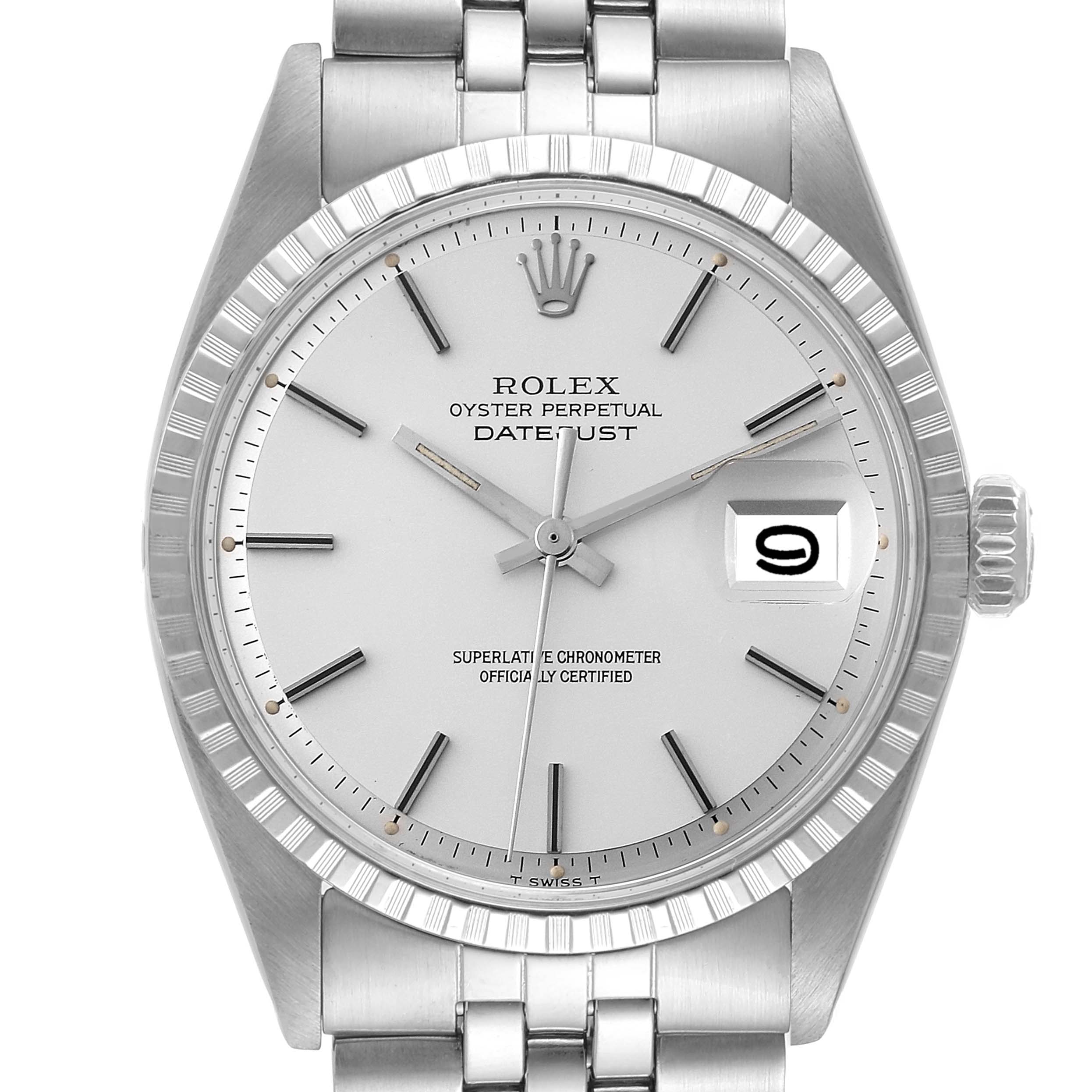 This image shows a frontal view of the Rolex Datejust 1603 Men's Stainless Steel Silver Dial 1603 Men's Stainless Steel Silver Dial watch, highlighting the dial, bezel, crown, and bracelet.