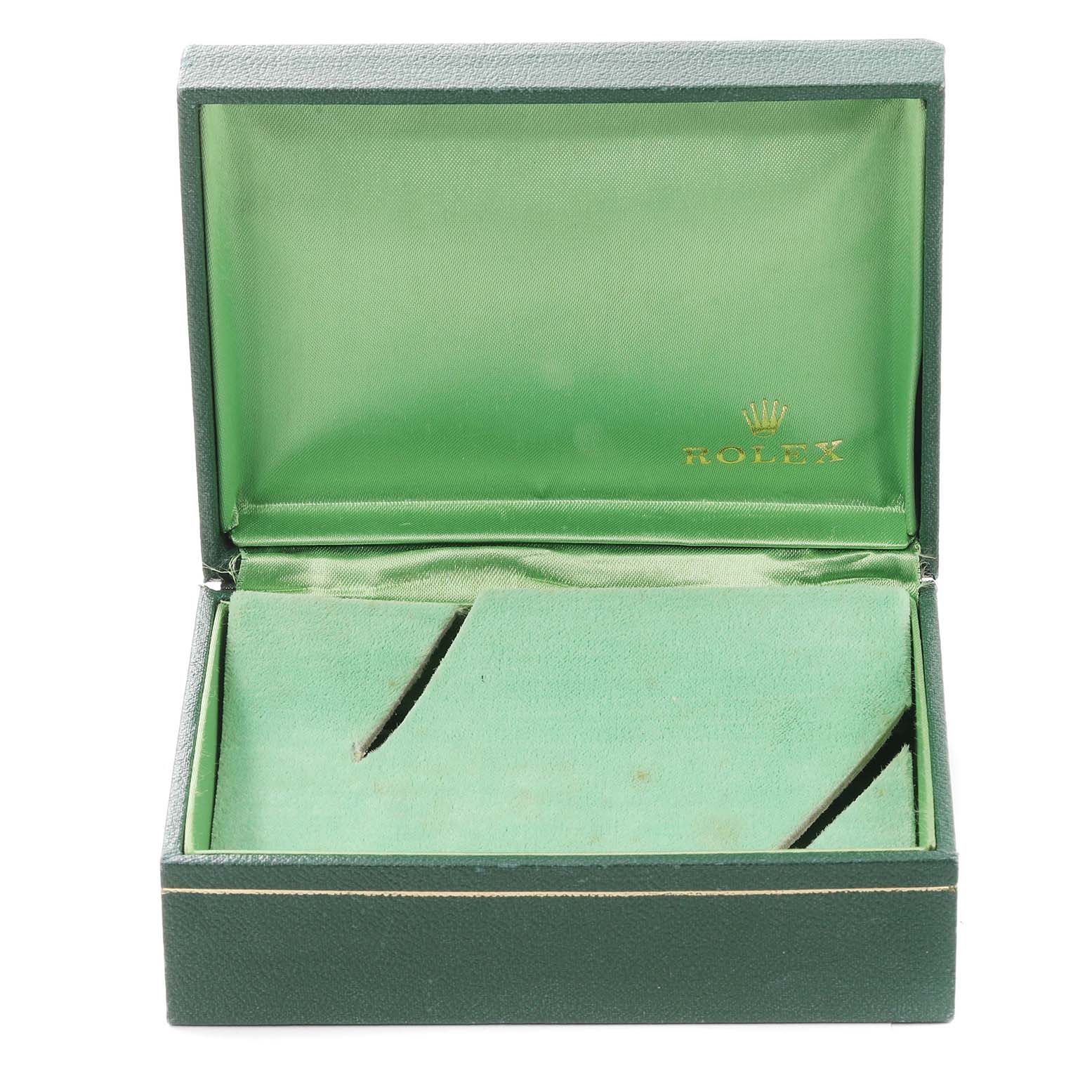 This image shows an open green Rolex Datejust 1603 Men's Stainless Steel Silver Dial 1603 Men's Stainless Steel Silver Dial watch box with its interior exposed, displaying the brand logo inside the lid.