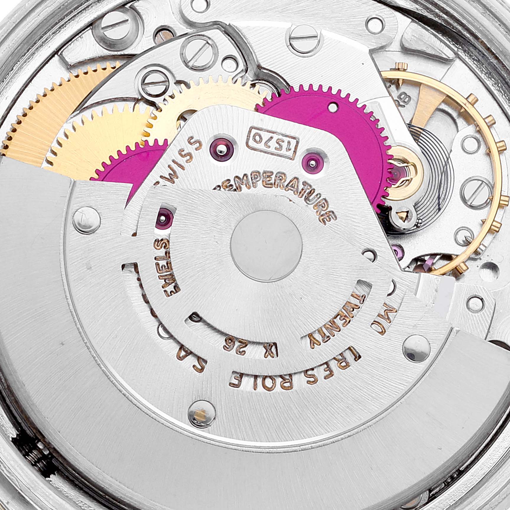 This is a close-up view of the movement and internal mechanism of a Rolex Datejust 1603 Men's Stainless Steel Silver Dial 1603 Men's Stainless Steel Silver Dial watch.
