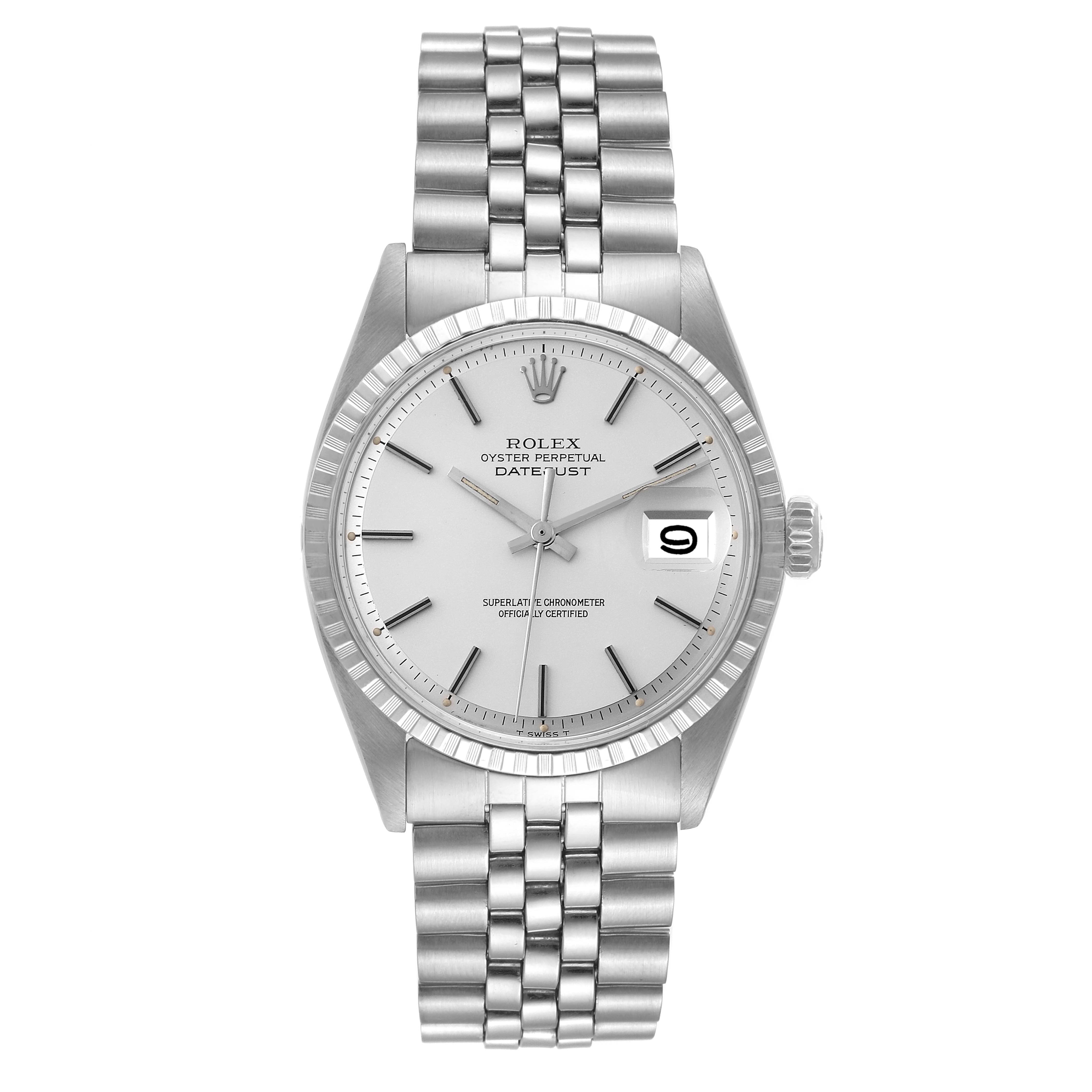 The image shows a front view of a Rolex Datejust 1603 Men's Stainless Steel Silver Dial 1603 Men's Stainless Steel Silver Dial watch, displaying the dial, bezel, case, and complete bracelet.