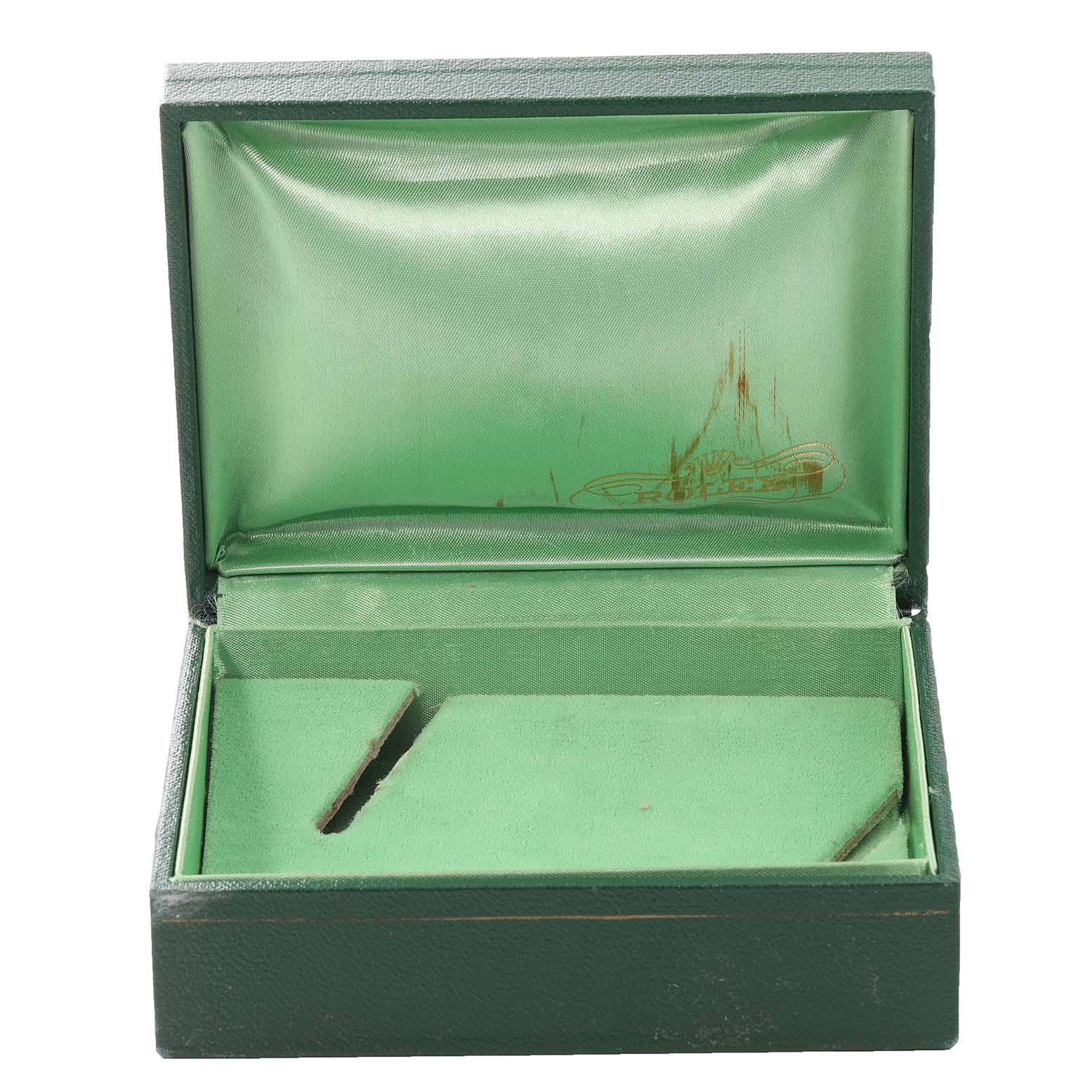 This image shows an open green watch box for a Vintage Collection model by Rolex, viewed from the front.