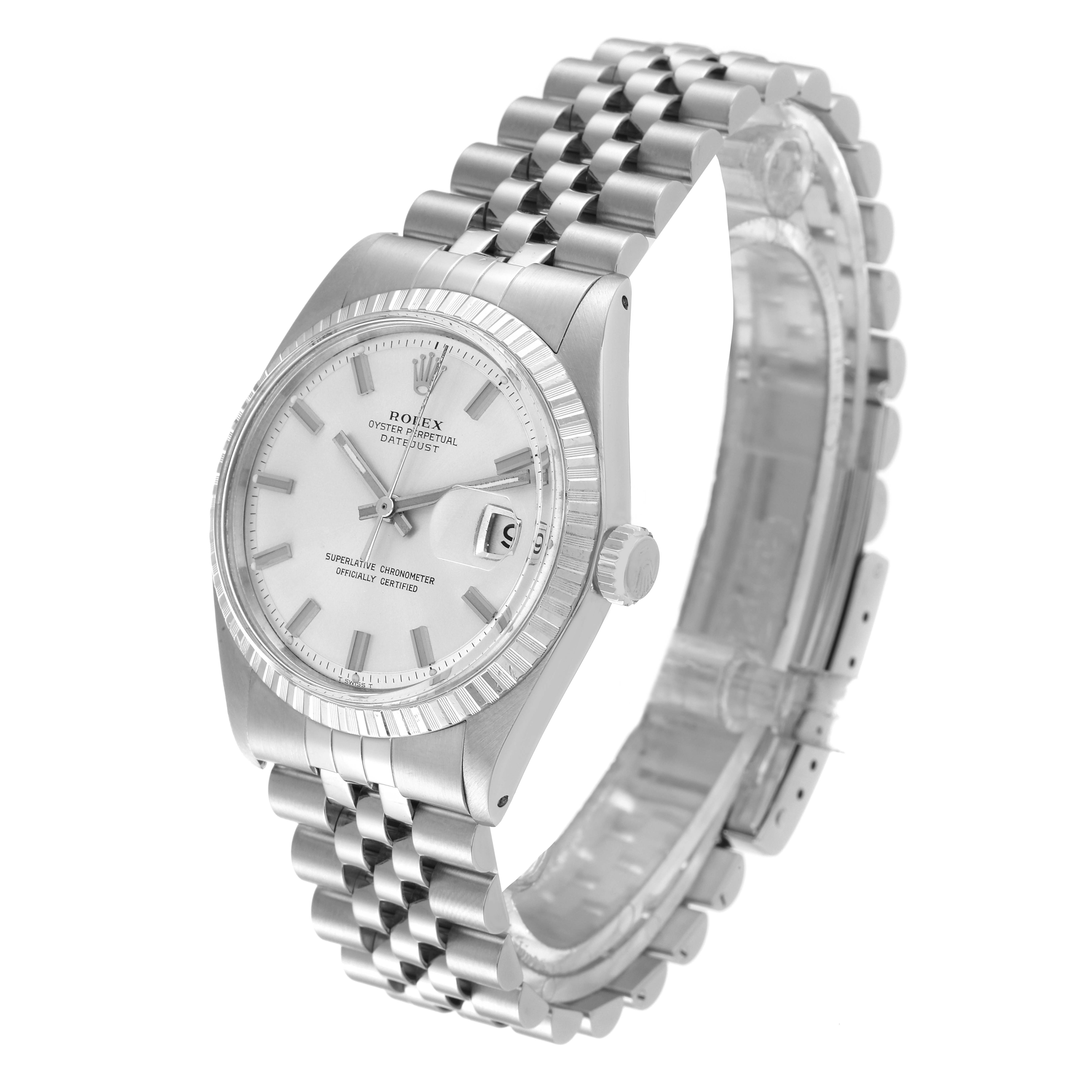 The image shows a side angle of the Rolex Vintage Collection 1603 Men's Stainless Steel Silver Dial 1603 Men's Stainless Steel Silver Dial model watch, highlighting its face, bezel, and metal bracelet.