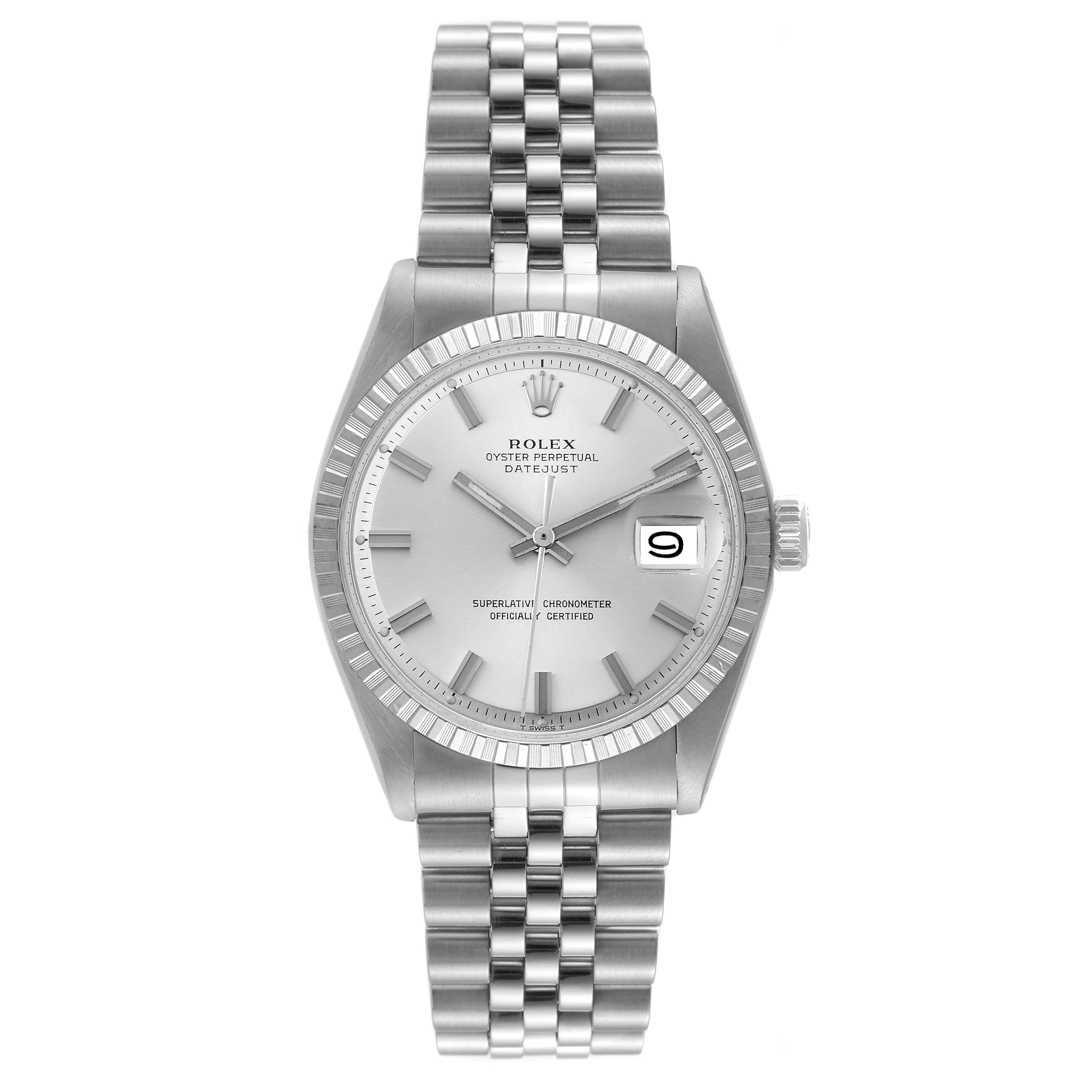 This image shows a Rolex Vintage Collection 1603 Men's Stainless Steel Silver Dial 1603 Men's Stainless Steel Silver Dial Oyster Perpetual Datejust watch from a straight-on angle, showcasing the dial, bezel, and bracelet.