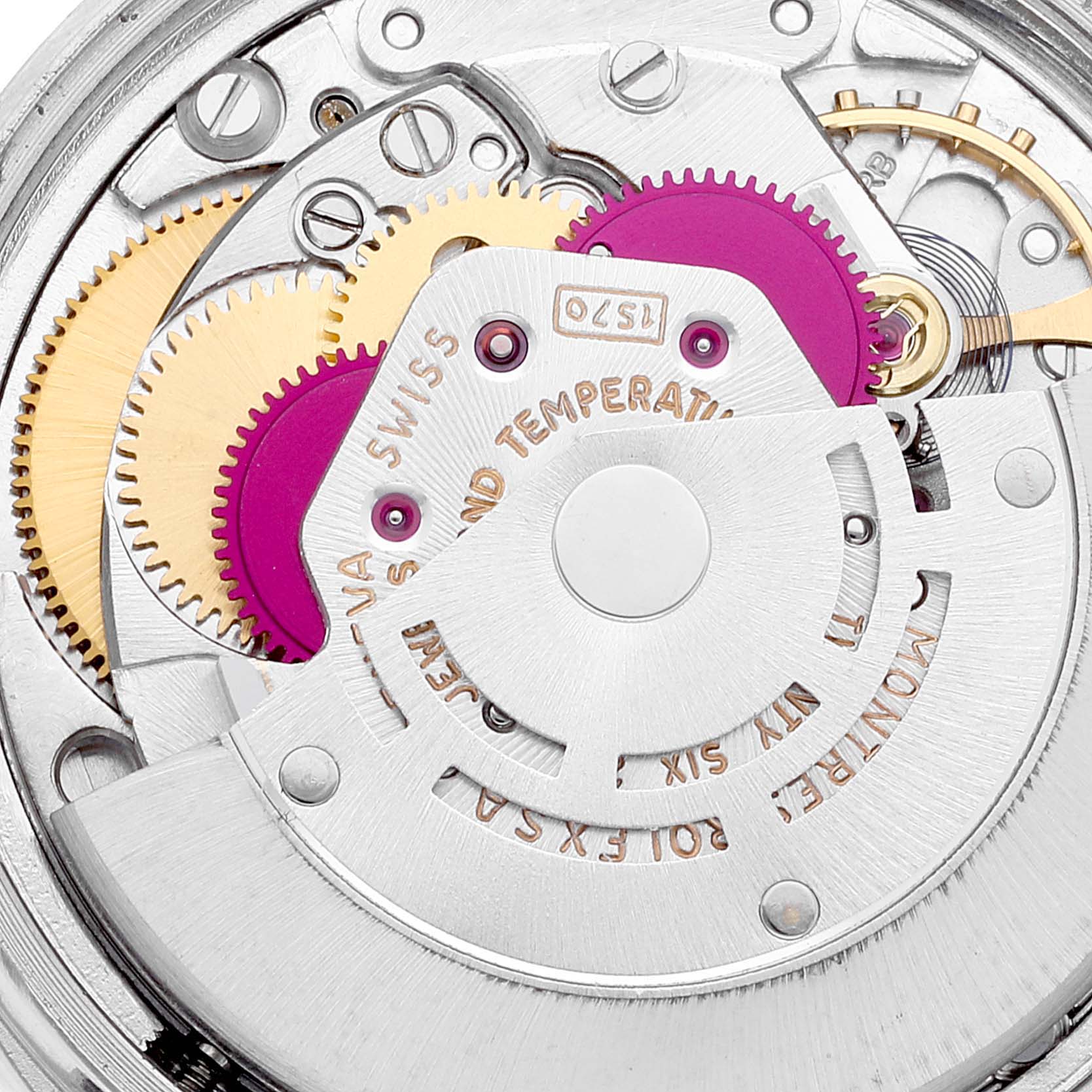 This image shows the intricate inner workings of the Rolex Vintage Collection 1603 Men's Stainless Steel Silver Dial 1603 Men's Stainless Steel Silver Dial watch, highlighting gears and the movement mechanism.