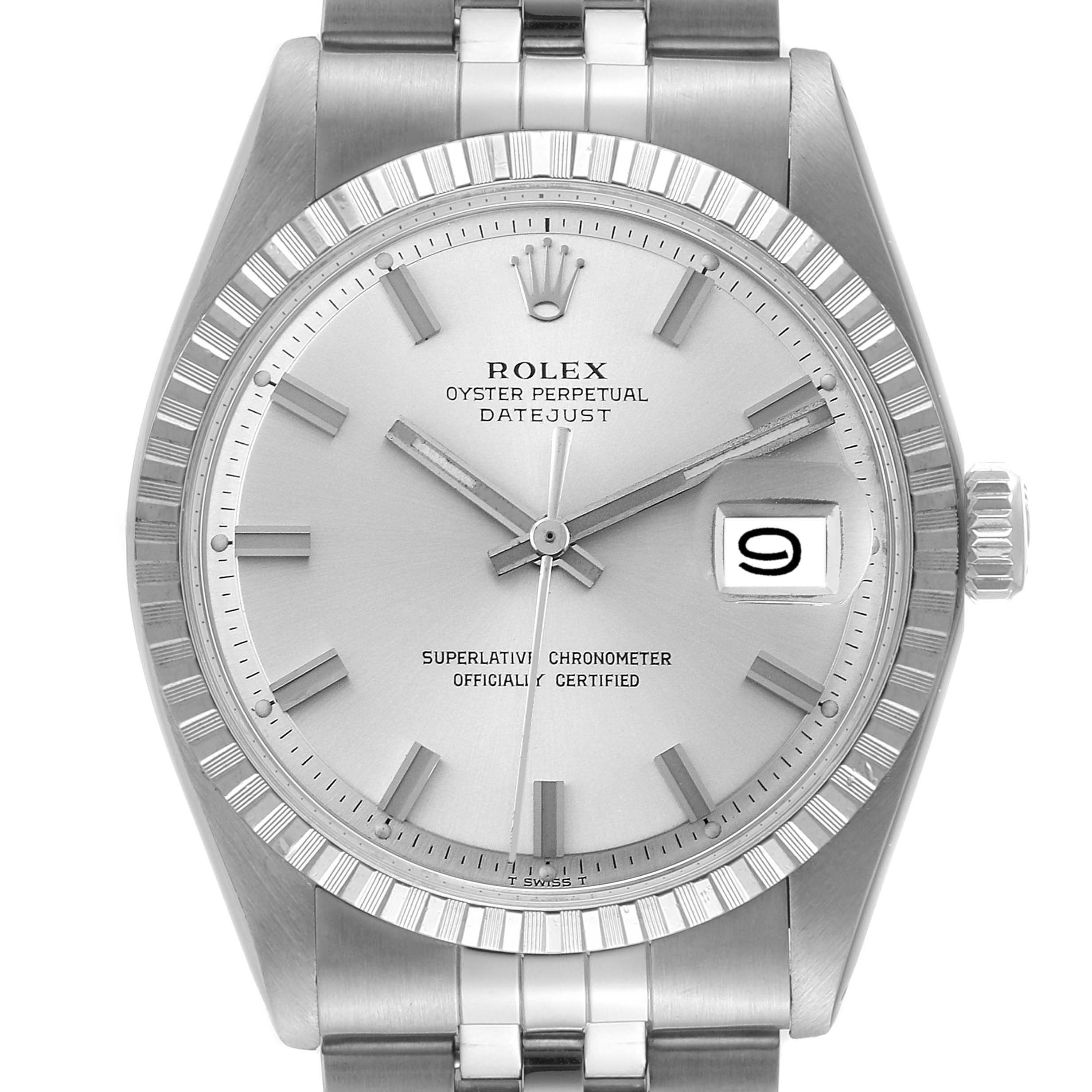 The Rolex Vintage Collection 1603 Men's Stainless Steel Silver Dial 1603 Men's Stainless Steel Silver Dial model watch is shown from a front angle, highlighting its face, bezel, and part of the bracelet.