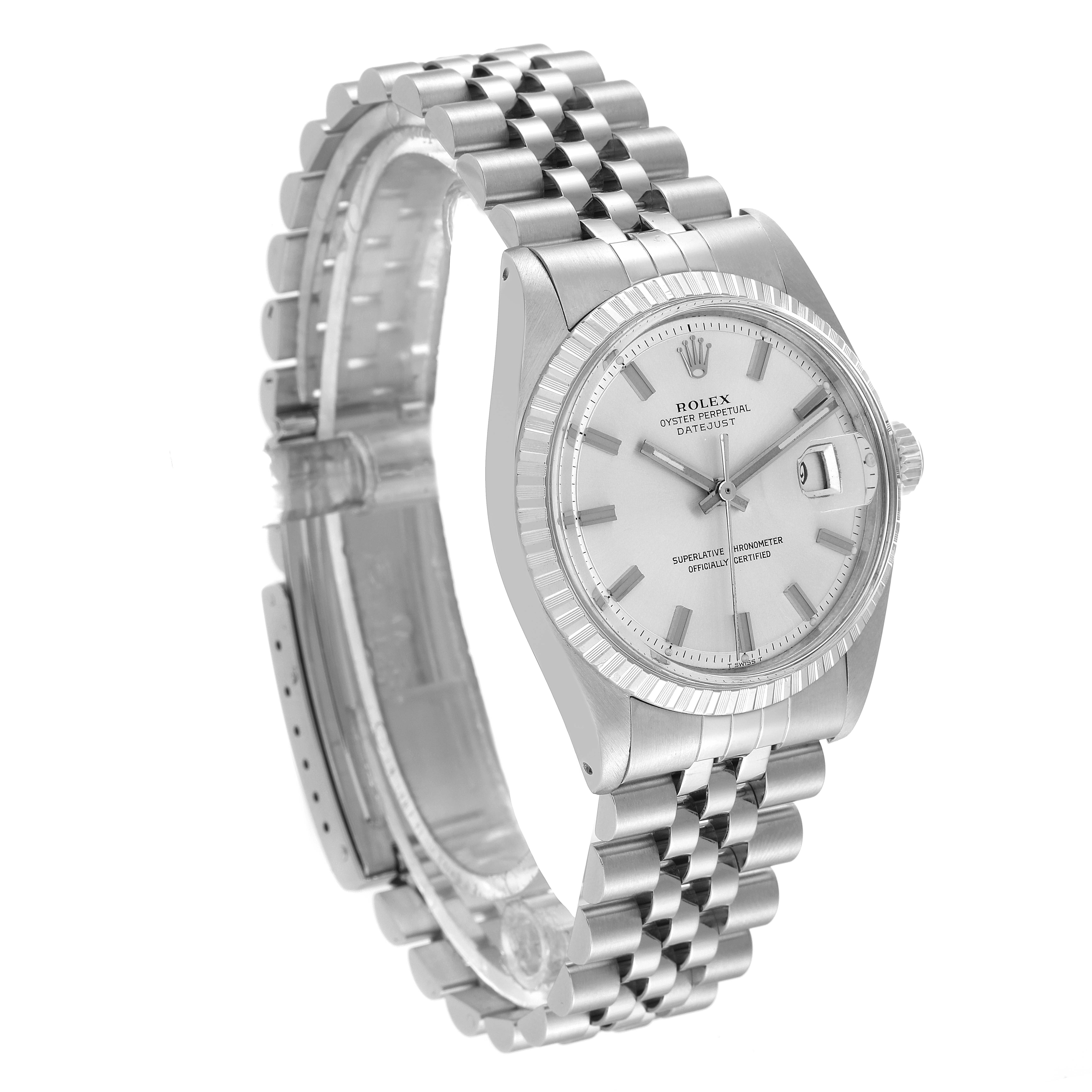 The Rolex Vintage Collection 1603 Men's Stainless Steel Silver Dial 1603 Men's Stainless Steel Silver Dial watch is shown at an angled side view, displaying the face, bezel, and part of the bracelet.