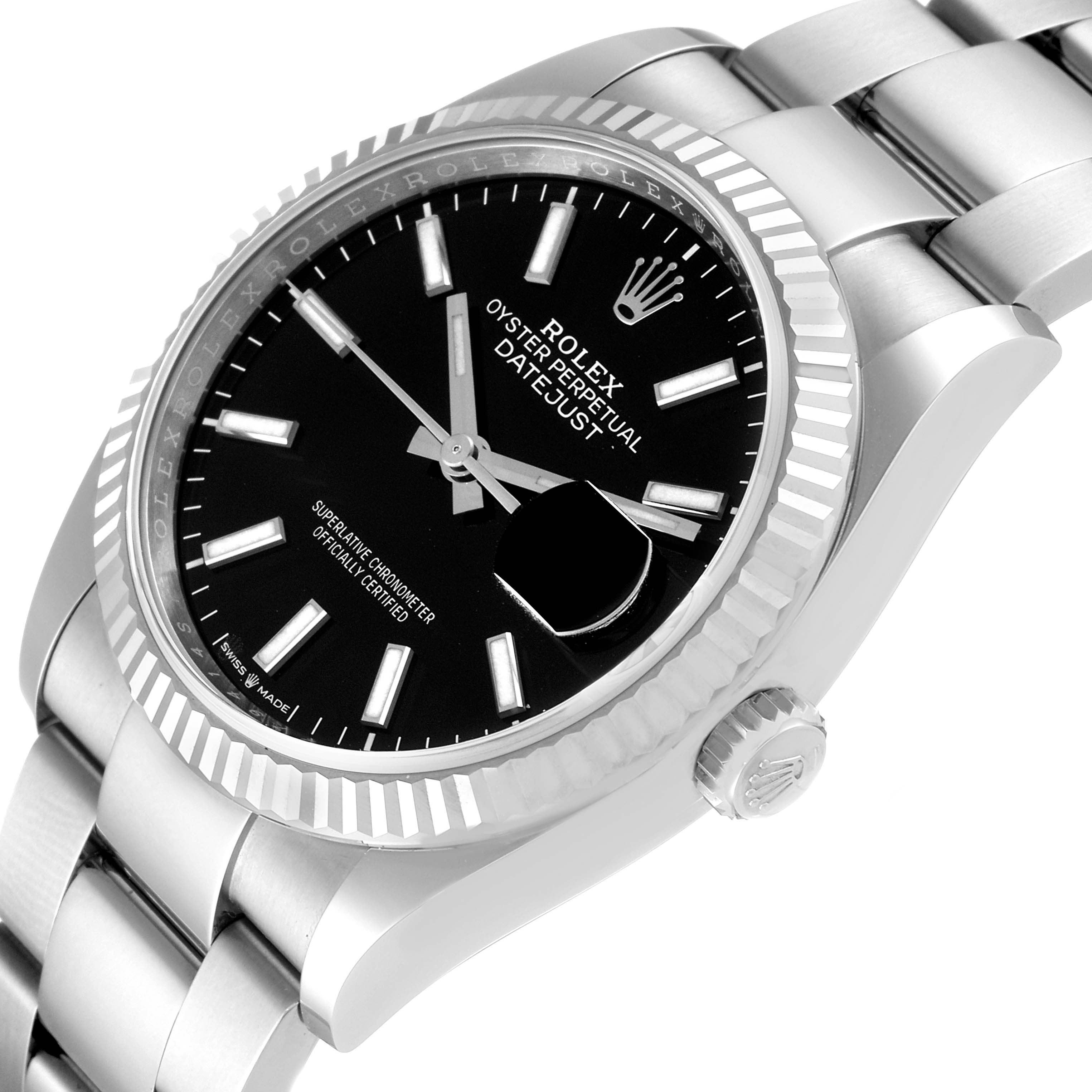 The image shows the Rolex Datejust 126234 Men
s Stainless Steel Black Dial 126234 Men
s Stainless Steel Black Dial watch at a slight side angle, highlighting the dial, bezel, and bracelet.
