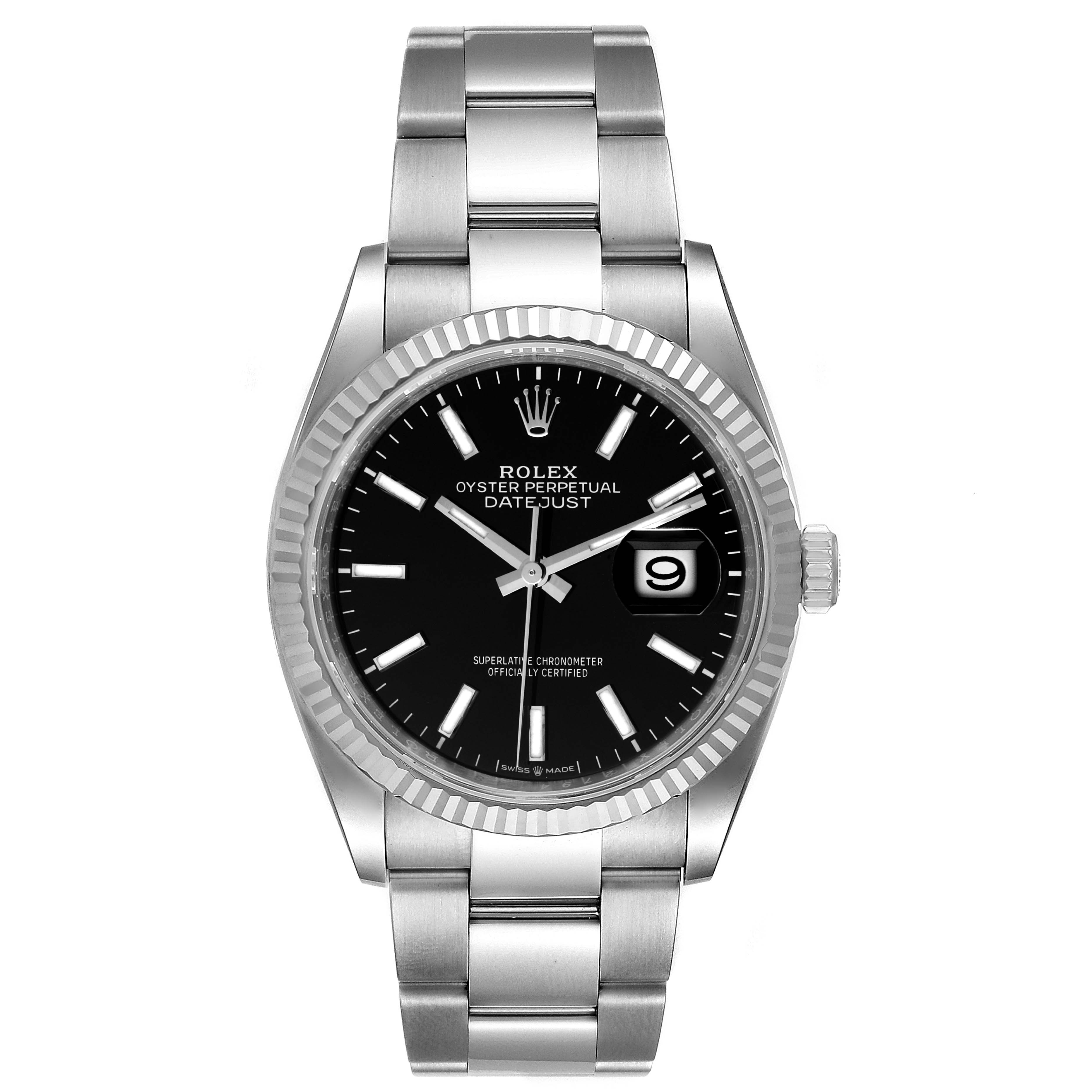The image shows a front view of the Rolex Datejust 126234 Men
s Stainless Steel Black Dial 126234 Men
s Stainless Steel Black Dial watch, displaying its dial, bezel, and bracelet.