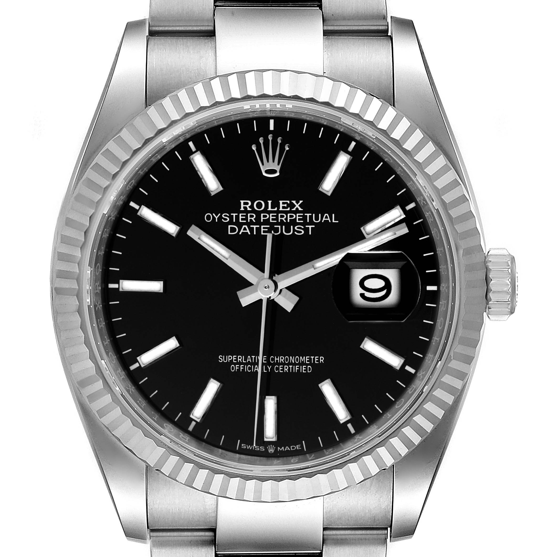 The image shows a front view of a Rolex Datejust 126234 Men
s Stainless Steel Black Dial 126234 Men
s Stainless Steel Black Dial watch with a black dial, fluted bezel, and metal bracelet.