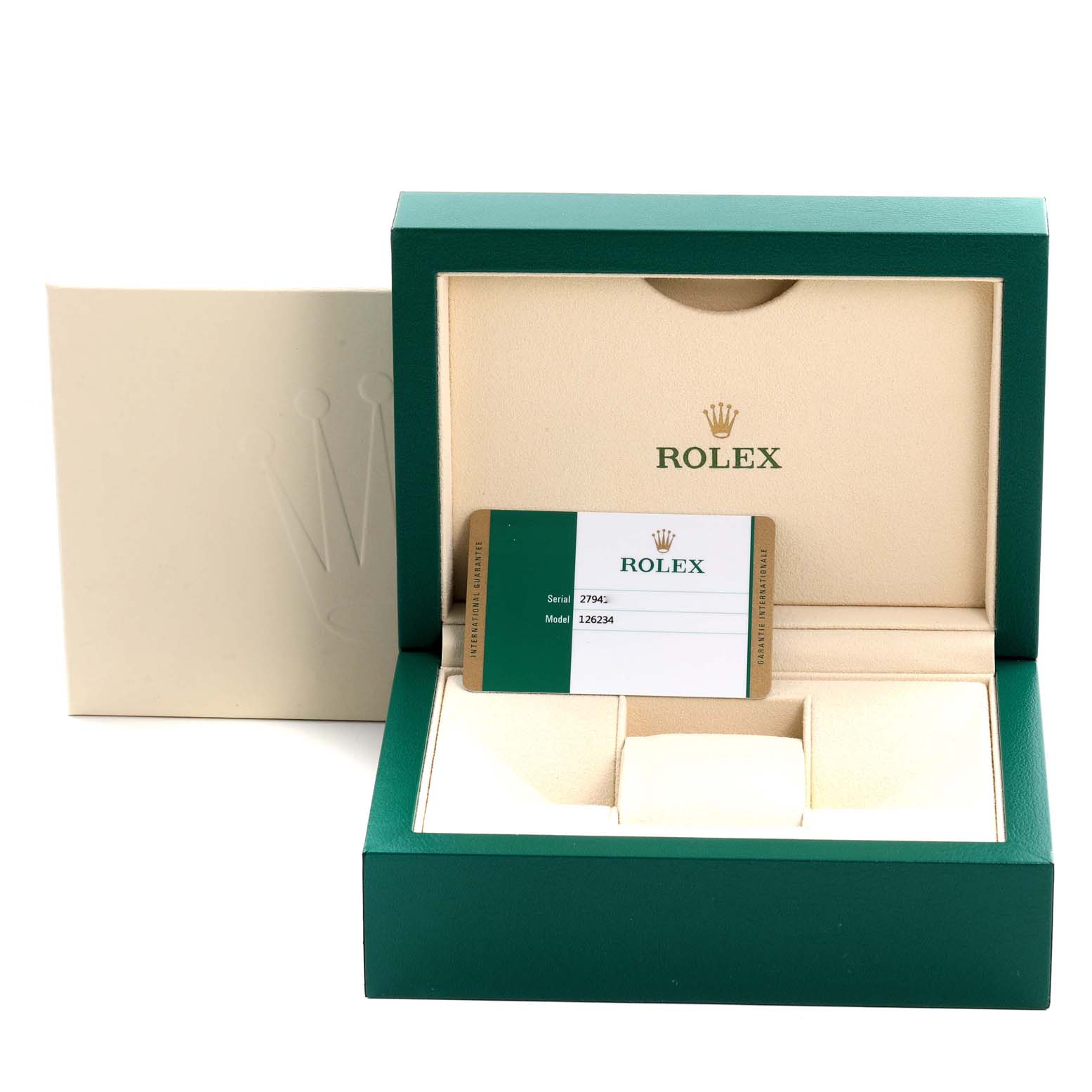 The image shows the packaging and Best Quality
ity card for a Rolex Datejust 126234 Men
s Stainless Steel Black Dial 126234 Men
s Stainless Steel Black Dial watch.