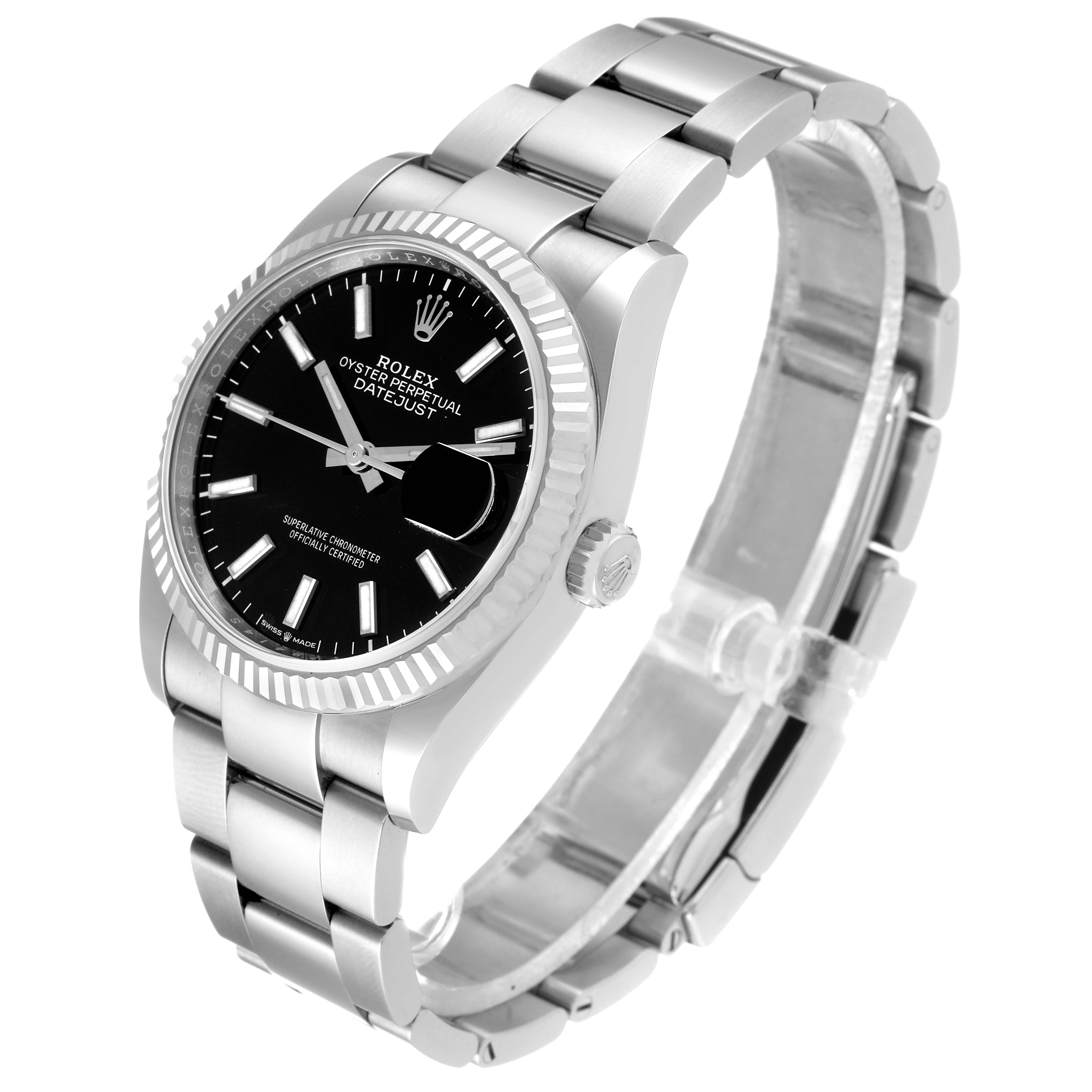 The image shows a Rolex Datejust 126234 Men
s Stainless Steel Black Dial 126234 Men
s Stainless Steel Black Dial watch angled to display the front face, crown, and part of the bracelet.