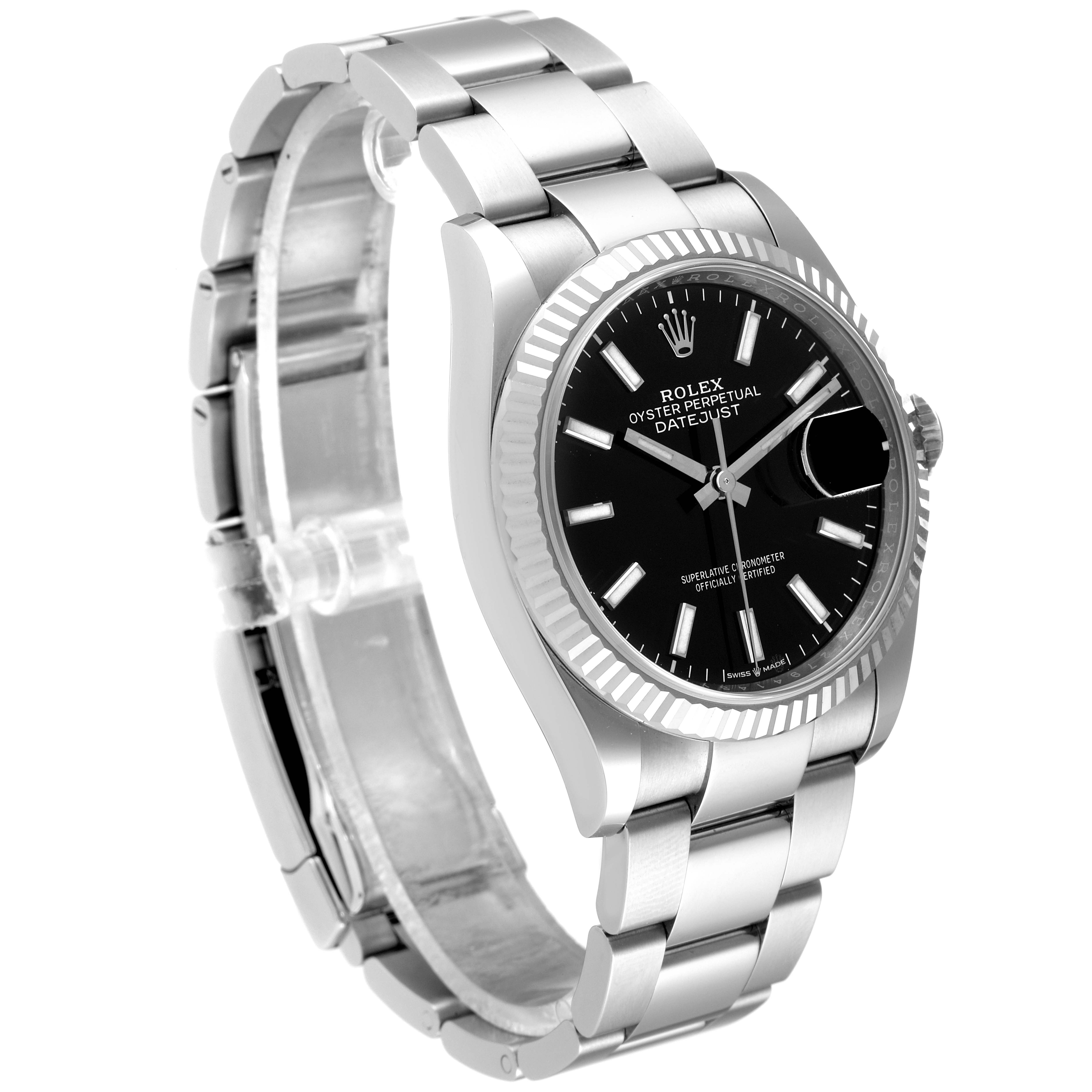 The image shows a Rolex Datejust 126234 Men
s Stainless Steel Black Dial 126234 Men
s Stainless Steel Black Dial watch angled to display the face, bezel, and bracelet.