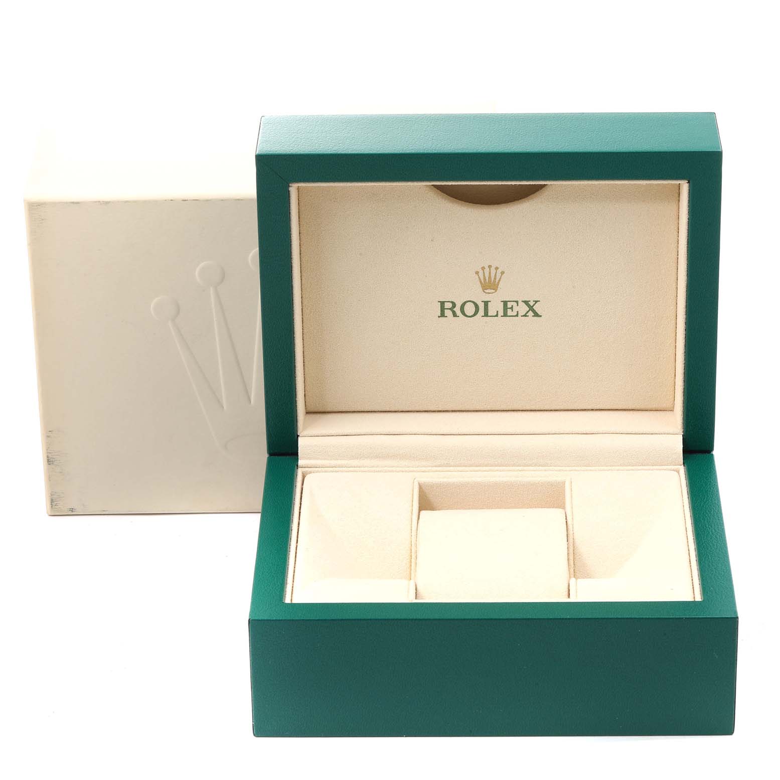 This image shows an open green and beige Rolex Datejust 179174 Women's Stainless Steel Mother of Pearl Dial 179174 Women's Stainless Steel Mother of Pearl Dial watch box with compartments inside.