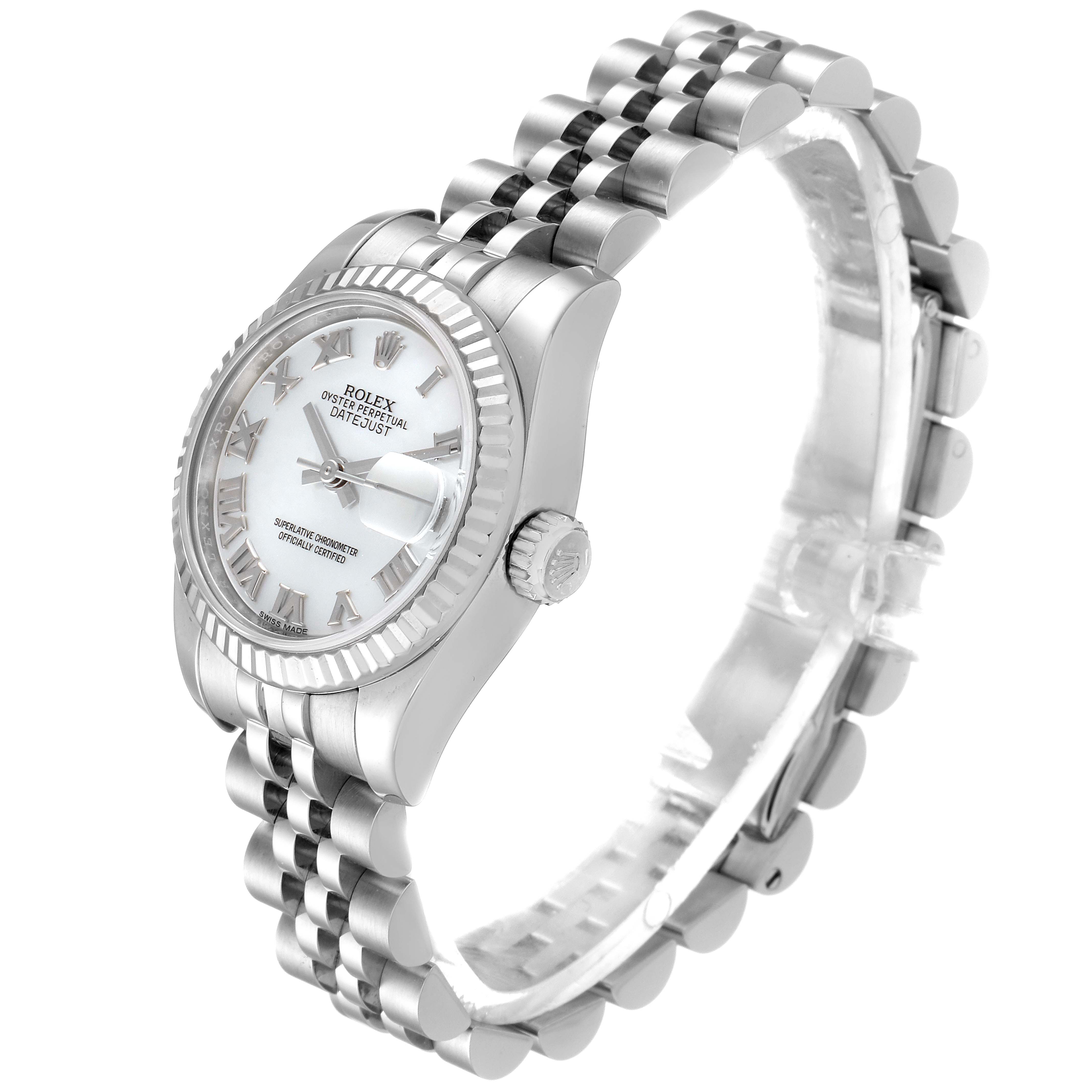 The Rolex Datejust 179174 Women's Stainless Steel Mother of Pearl Dial 179174 Women's Stainless Steel Mother of Pearl Dial watch is shown at a slight angle, displaying its face, bezel, crown, and jubilee bracelet.