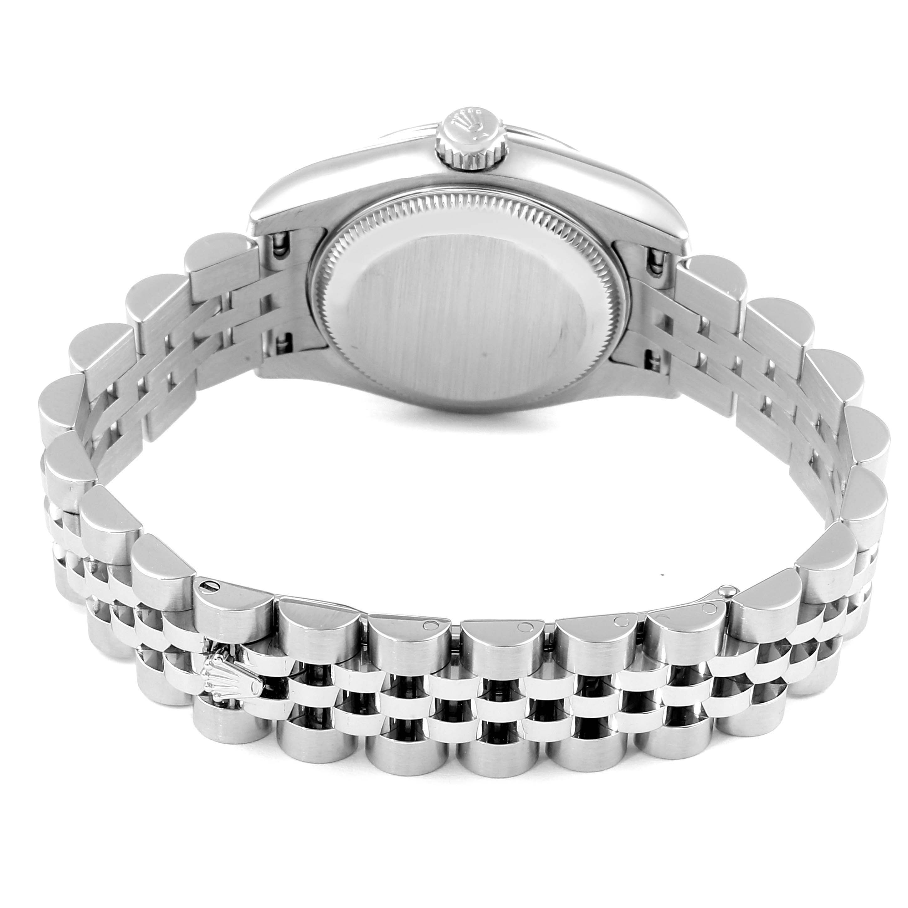 The image shows the back view of a Rolex Datejust 179174 Women's Stainless Steel Mother of Pearl Dial 179174 Women's Stainless Steel Mother of Pearl Dial watch, highlighting the bracelet and case back.