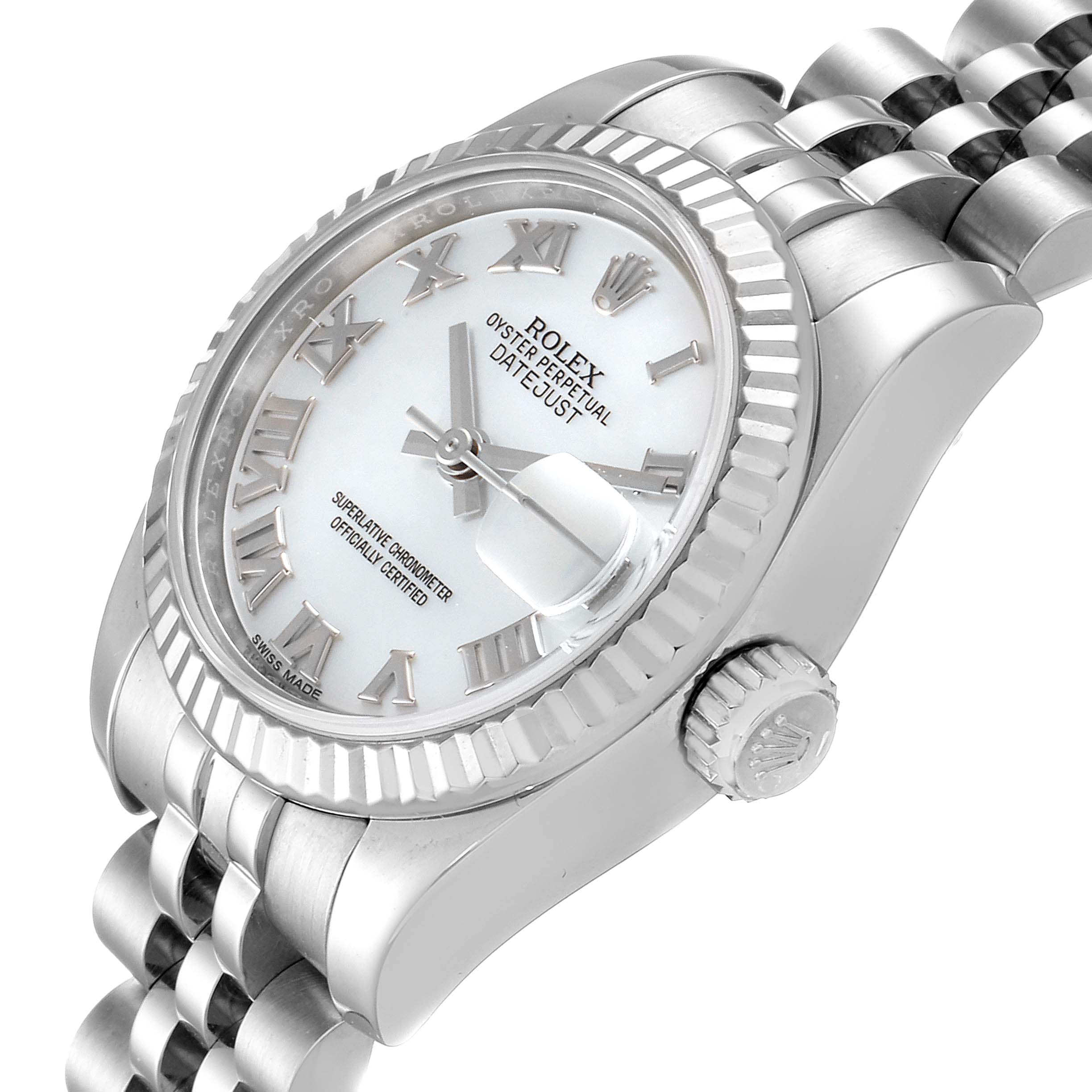 The image shows a side-angle view of the Rolex Datejust 179174 Women's Stainless Steel Mother of Pearl Dial 179174 Women's Stainless Steel Mother of Pearl Dial, highlighting the dial, bezel, crown, and part of the bracelet.