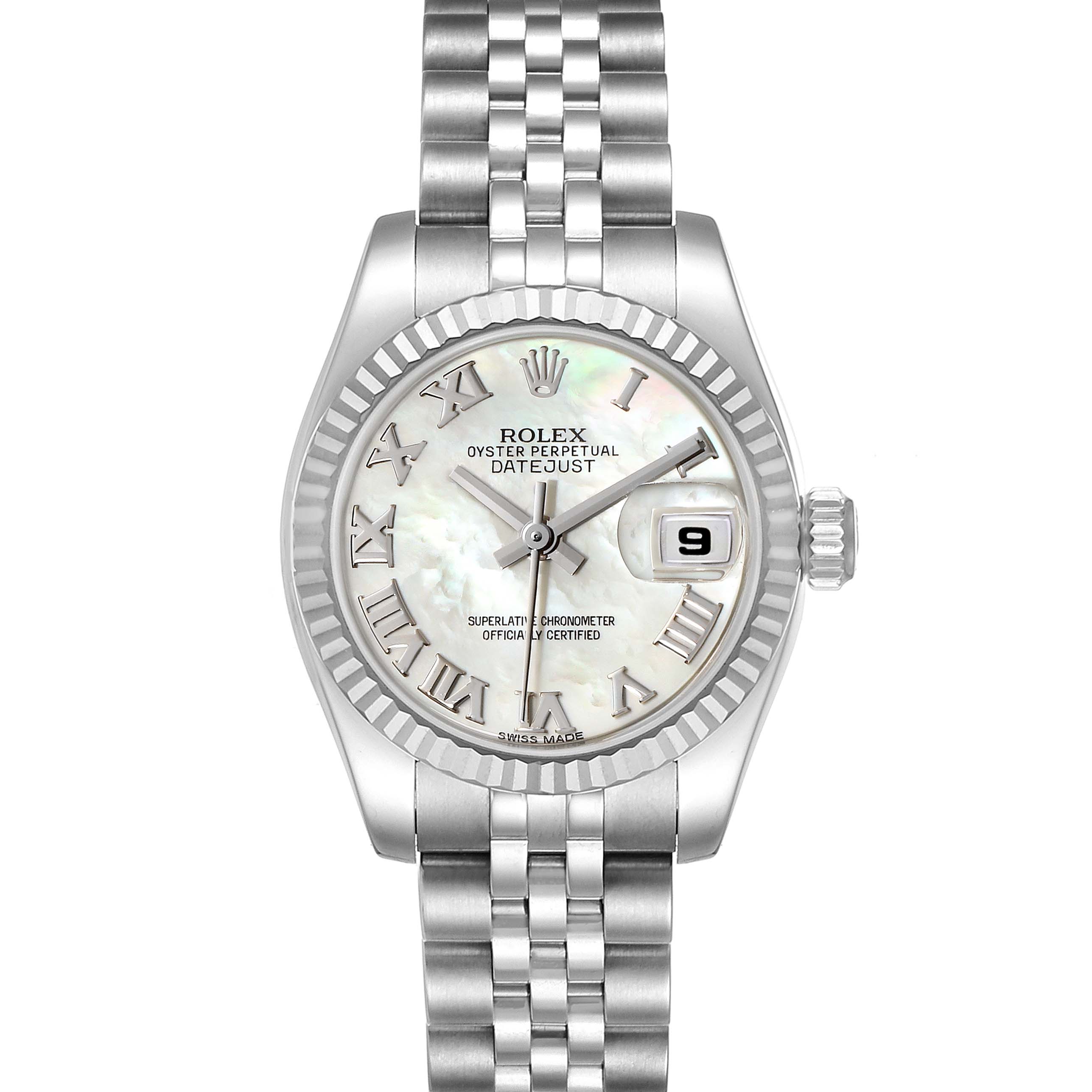 This image shows a front view of a Rolex Datejust 179174 Women's Stainless Steel Mother of Pearl Dial 179174 Women's Stainless Steel Mother of Pearl Dial watch, displaying the dial, bracelet, bezel, and crown.