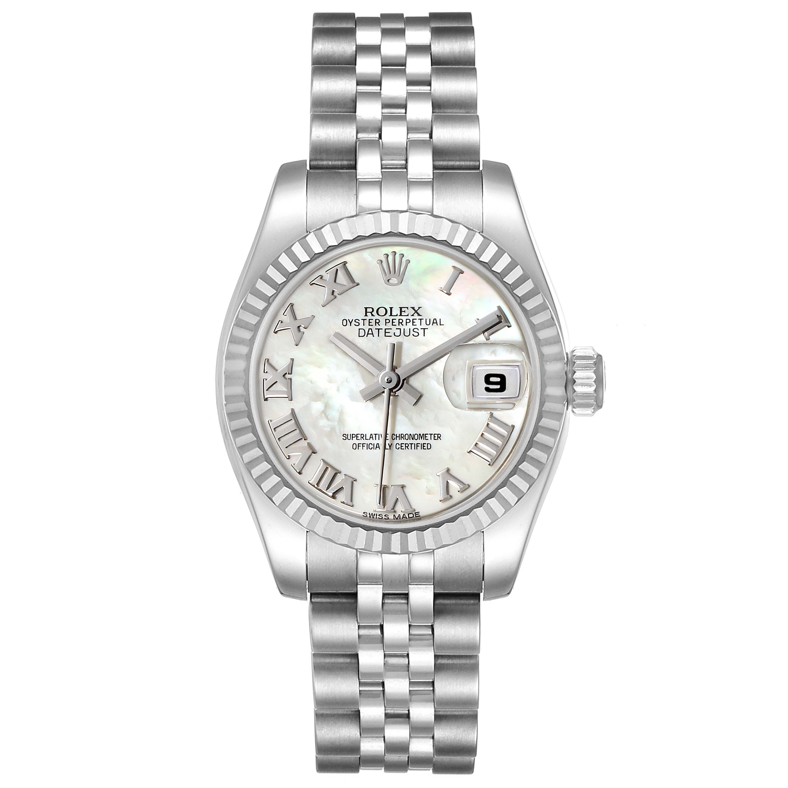 The Rolex Datejust 179174 Women's Stainless Steel Mother of Pearl Dial 179174 Women's Stainless Steel Mother of Pearl Dial watch is shown from a front angle displaying its face, bezel, and metal bracelet.