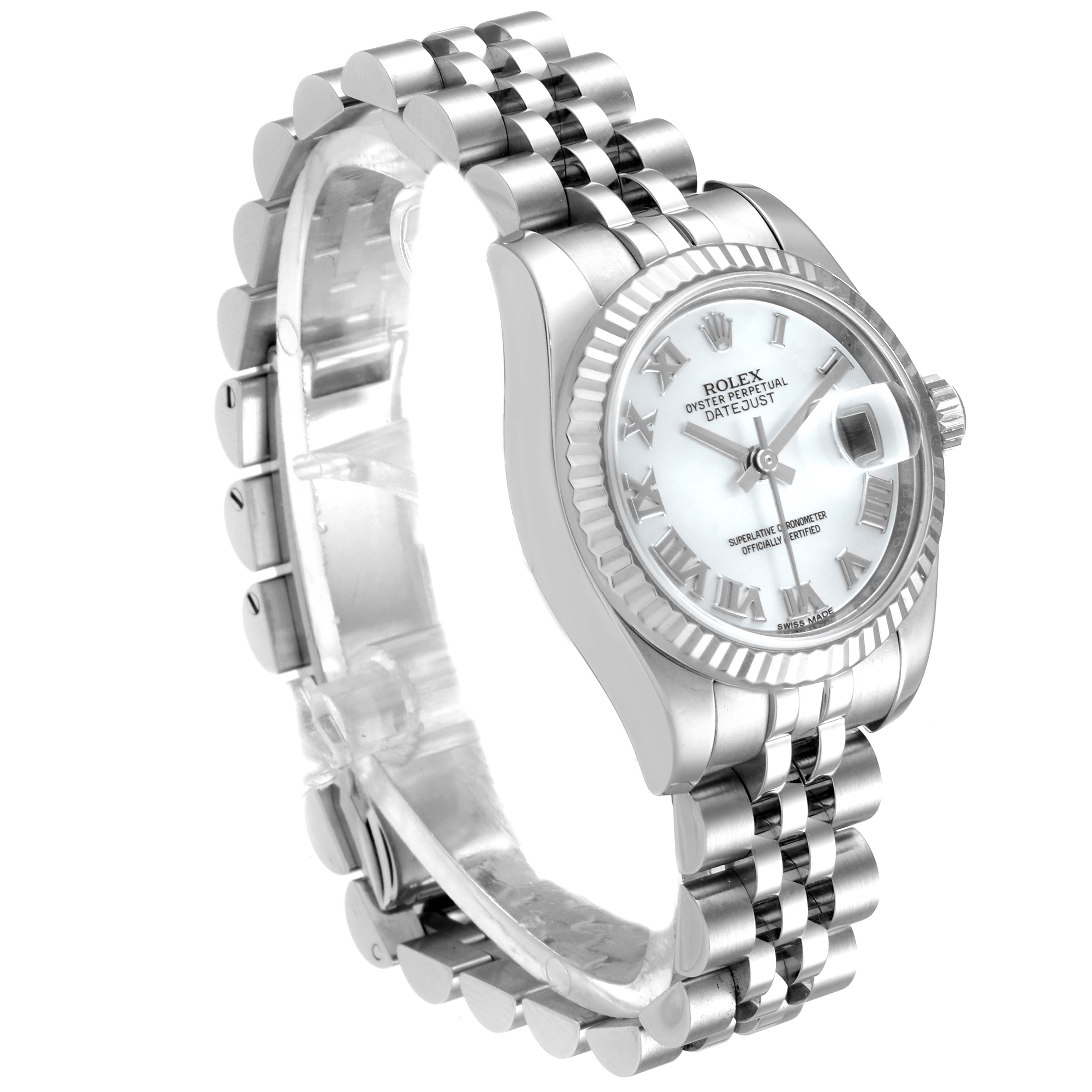 The image shows a side angle of the Rolex Datejust 179174 Women's Stainless Steel Mother of Pearl Dial 179174 Women's Stainless Steel Mother of Pearl Dial watch, highlighting the face, bezel, crown, and the bracelet.