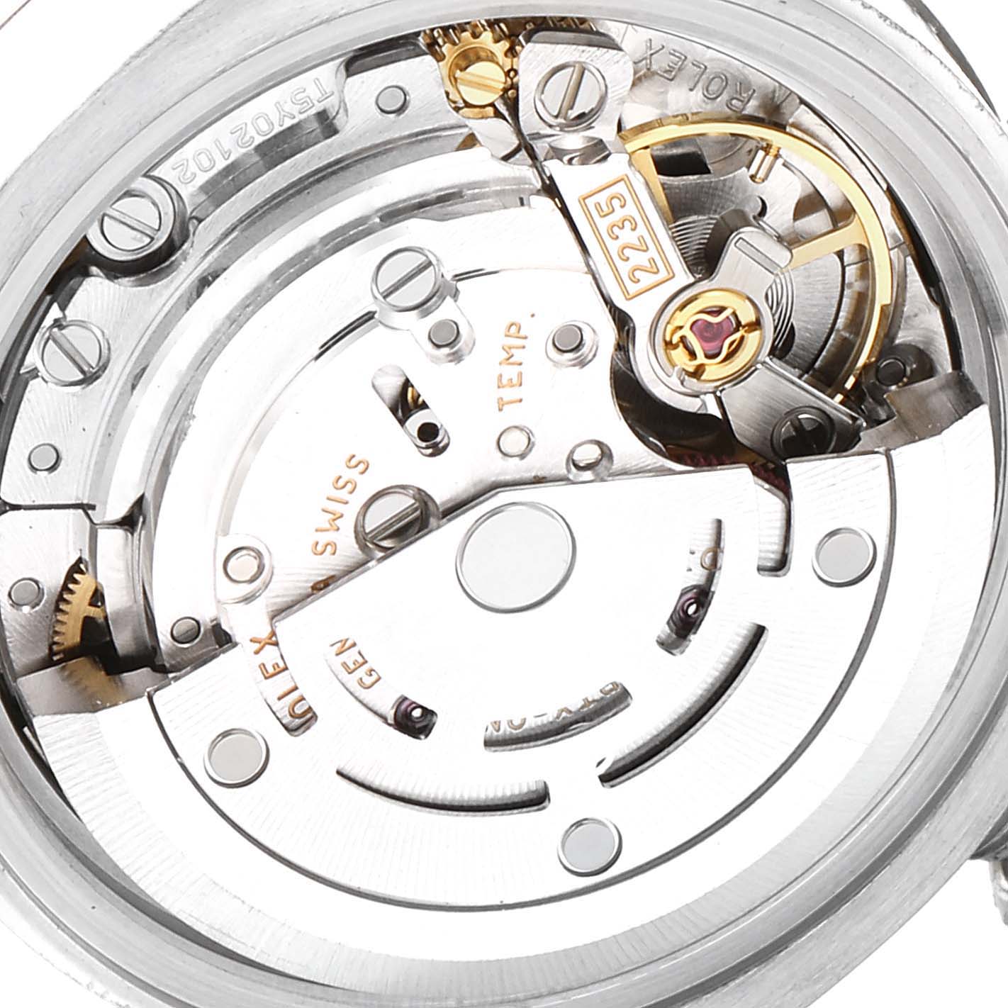 This image shows a close-up view of the Rolex Datejust 179174 Women's Stainless Steel Mother of Pearl Dial 179174 Women's Stainless Steel Mother of Pearl Dial watch movement, specifically the intricate inner workings of the mechanism.