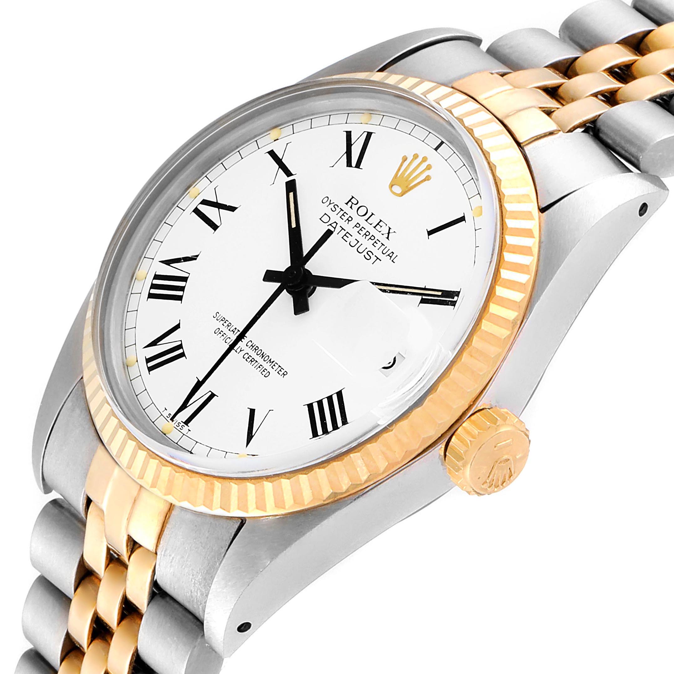 The Rolex Vintage Collection 16013 Men's Steel and Gold (two tone) White Dial 16013 Men's Steel and Gold (two tone) White Dial watch is shown at an angled top view, highlighting the crown, dial, bezel, and bracelet.
