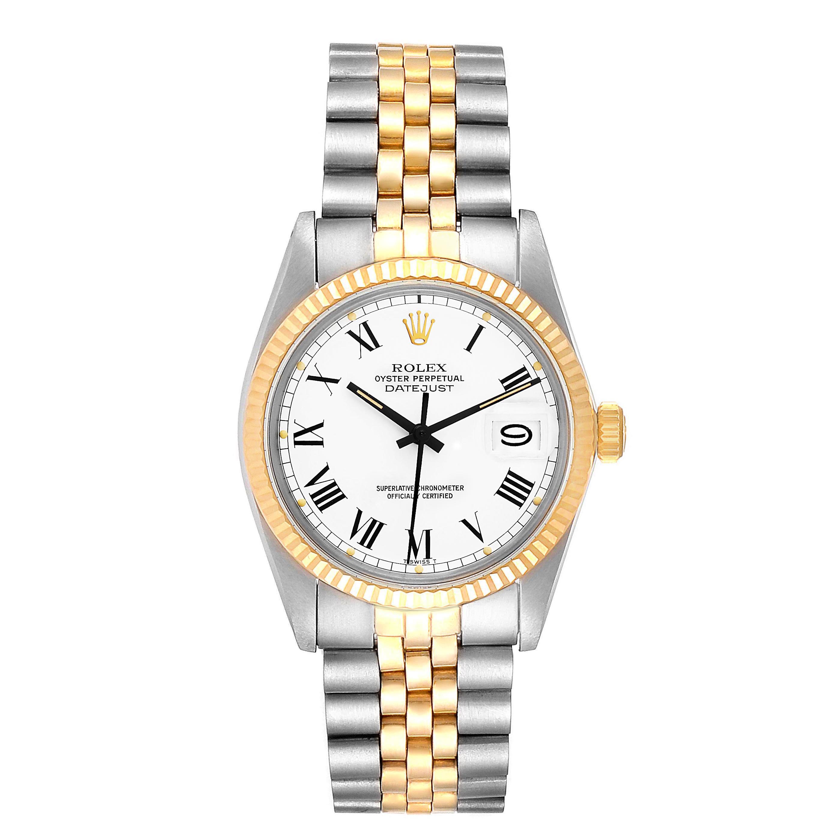 This image shows a front view of a Rolex Vintage Collection 16013 Men's Steel and Gold (two tone) White Dial 16013 Men's Steel and Gold (two tone) White Dial watch, displaying its two-tone bracelet, bezel, and Roman numeral dial.