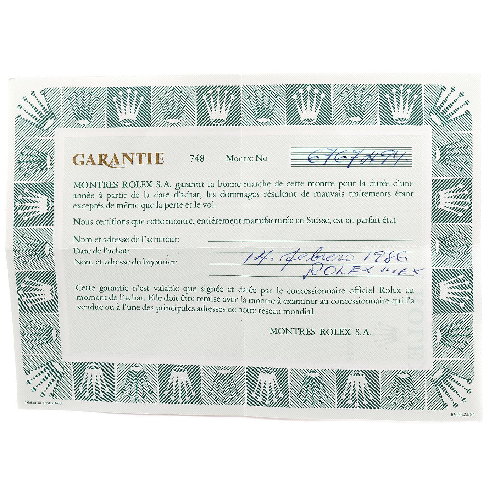 This is a warranty card for the Rolex Vintage Collection 16013 Men's Steel and Gold (two tone) White Dial 16013 Men's Steel and Gold (two tone) White Dial model, shown from a top-down angle.