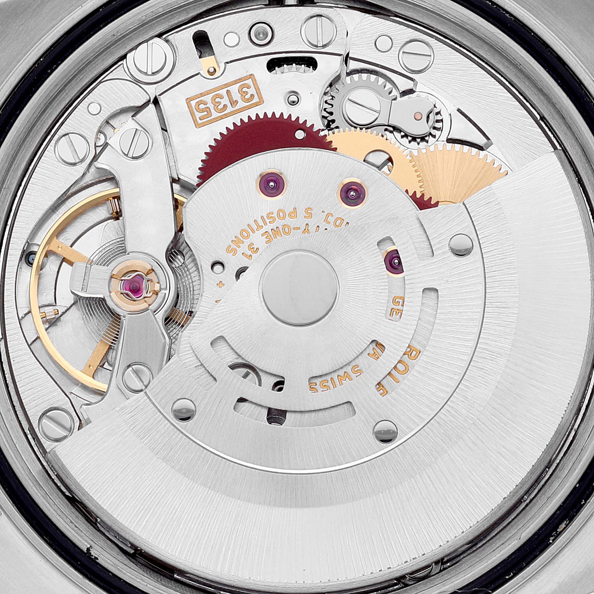 The image shows the intricate inner mechanical movement of a Rolex Datejust 16233 Men's Steel and Gold (two tone) Mother of Pearl Dial 16233 Men's Steel and Gold (two tone) Mother of Pearl Dial watch viewed from the back.