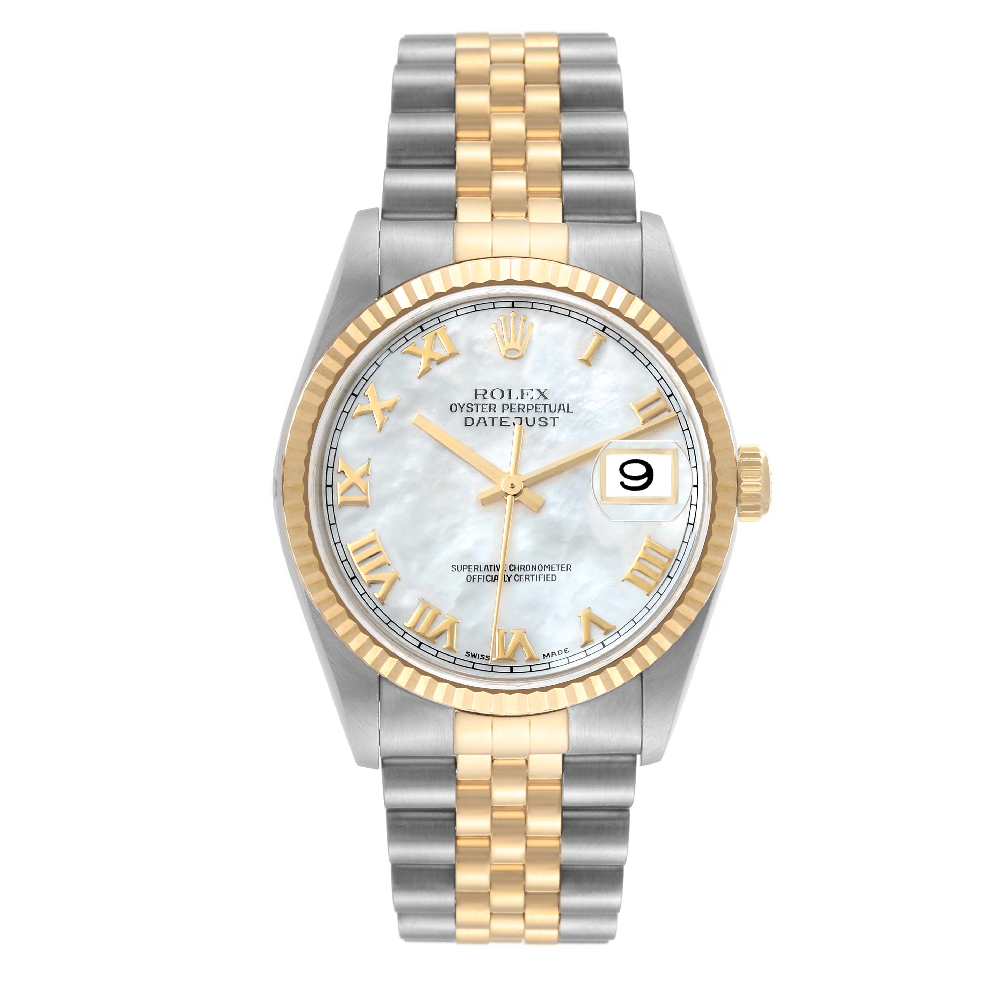 This Rolex Datejust 16233 Men's Steel and Gold (two tone) Mother of Pearl Dial 16233 Men's Steel and Gold (two tone) Mother of Pearl Dial watch is shown from a front angle, displaying its dial, bezel, case, and two-tone bracelet.