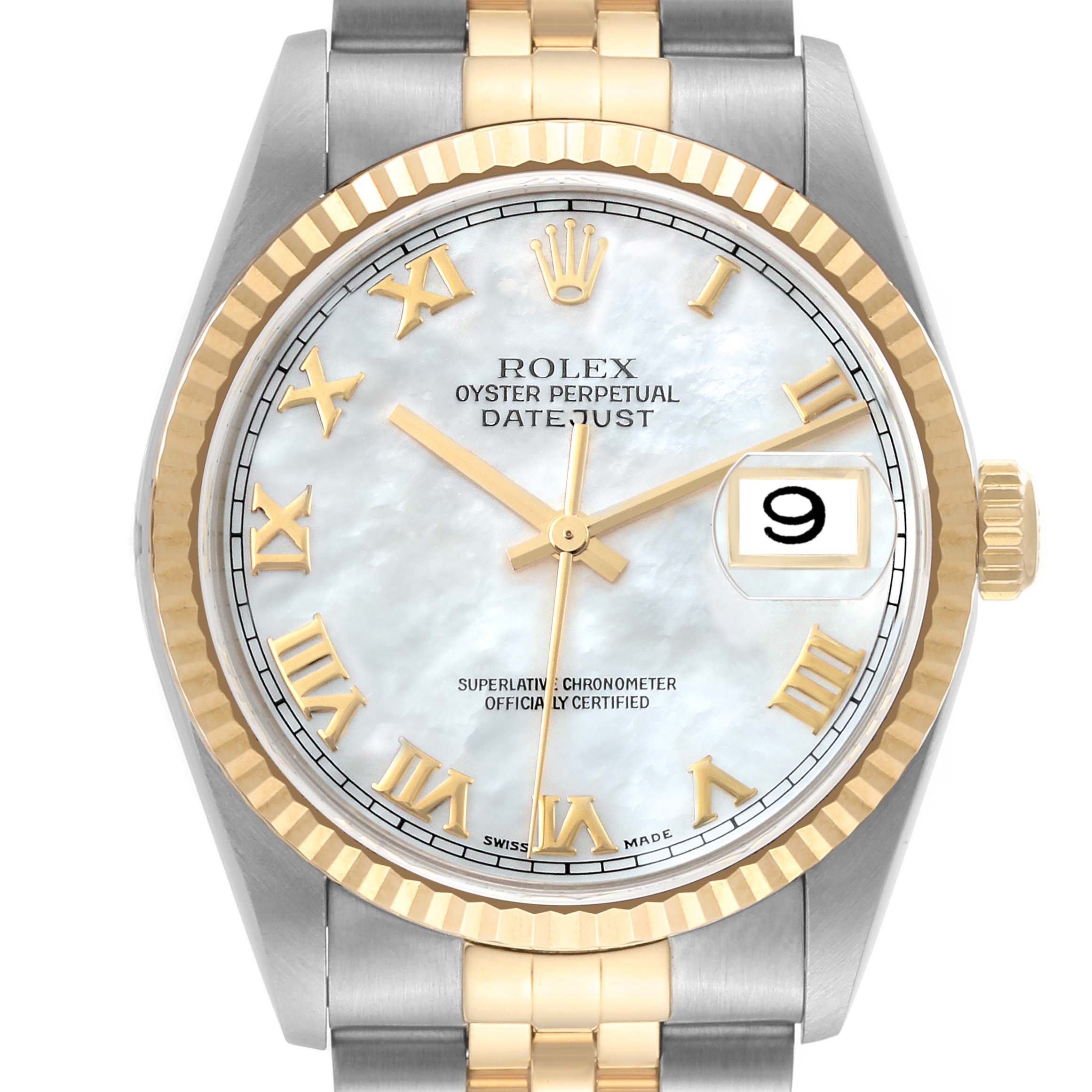 The image shows a front view of a Rolex Datejust 16233 Men's Steel and Gold (two tone) Mother of Pearl Dial 16233 Men's Steel and Gold (two tone) Mother of Pearl Dial watch, highlighting its face, bezel, and part of the bracelet.