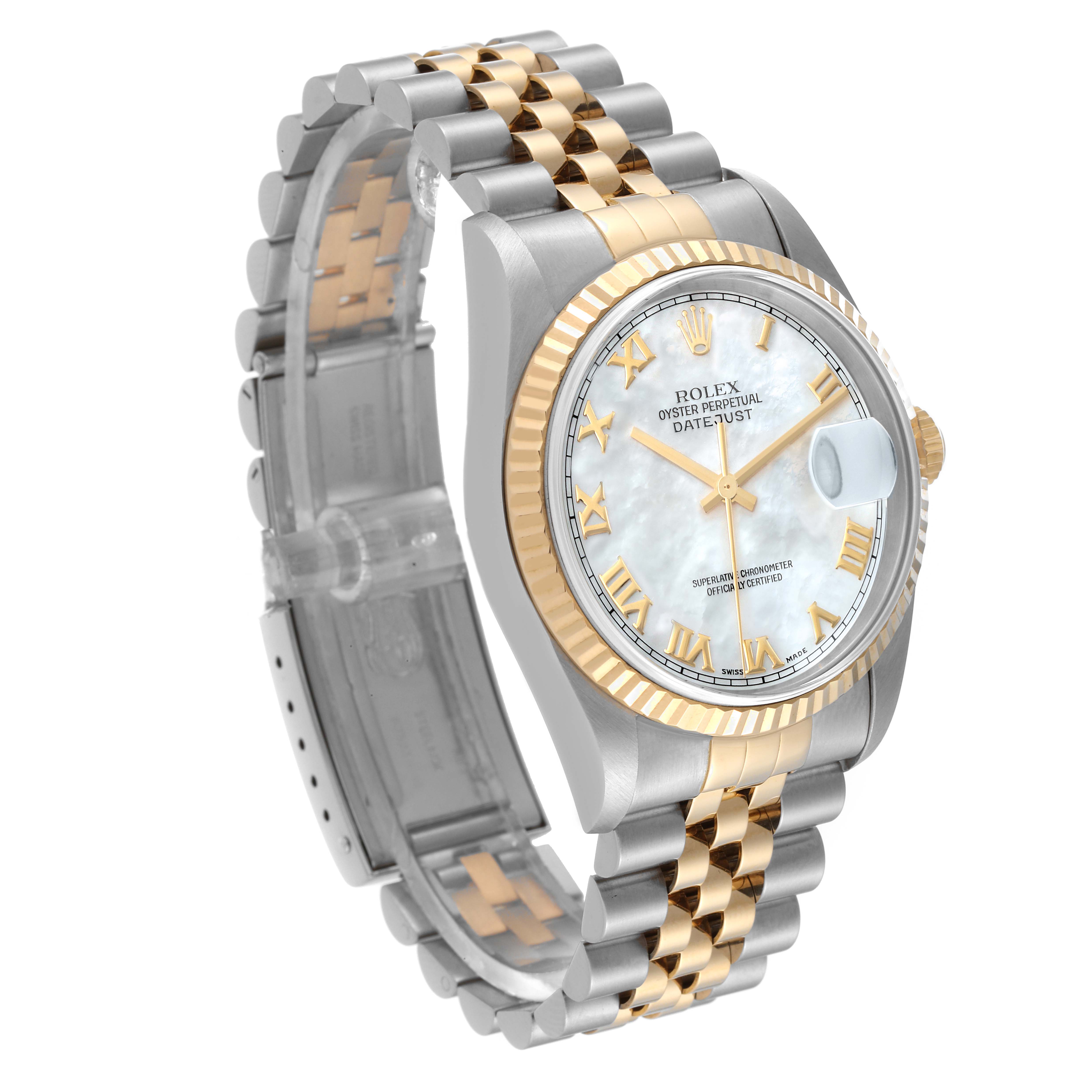 The image shows a side-angle view of a Rolex Datejust 16233 Men's Steel and Gold (two tone) Mother of Pearl Dial 16233 Men's Steel and Gold (two tone) Mother of Pearl Dial watch, featuring its two-tone bracelet and mother-of-pearl dial.