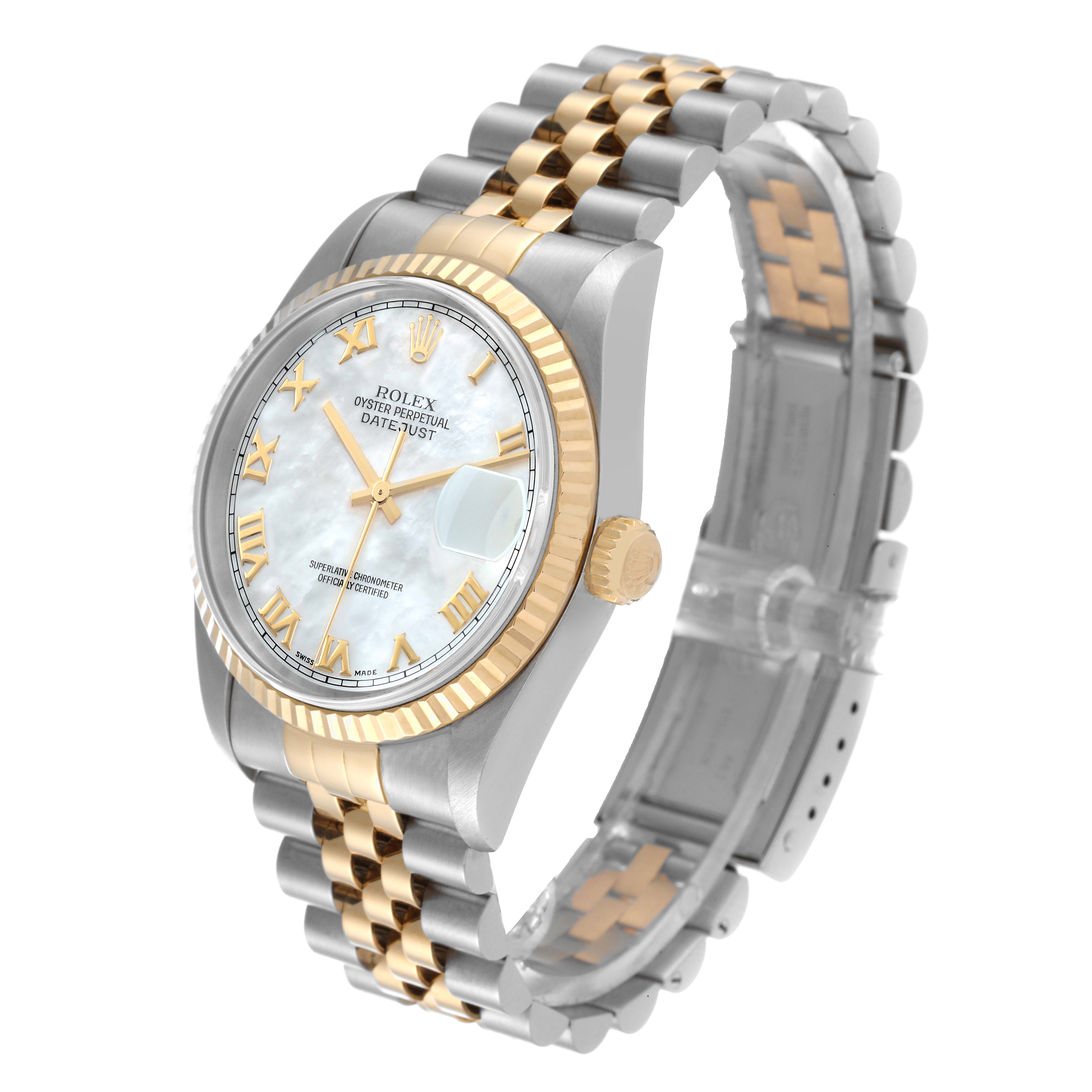The angled view shows the Rolex Datejust 16233 Men's Steel and Gold (two tone) Mother of Pearl Dial 16233 Men's Steel and Gold (two tone) Mother of Pearl Dial watch featuring its dial, bezel, and Jubilee bracelet.