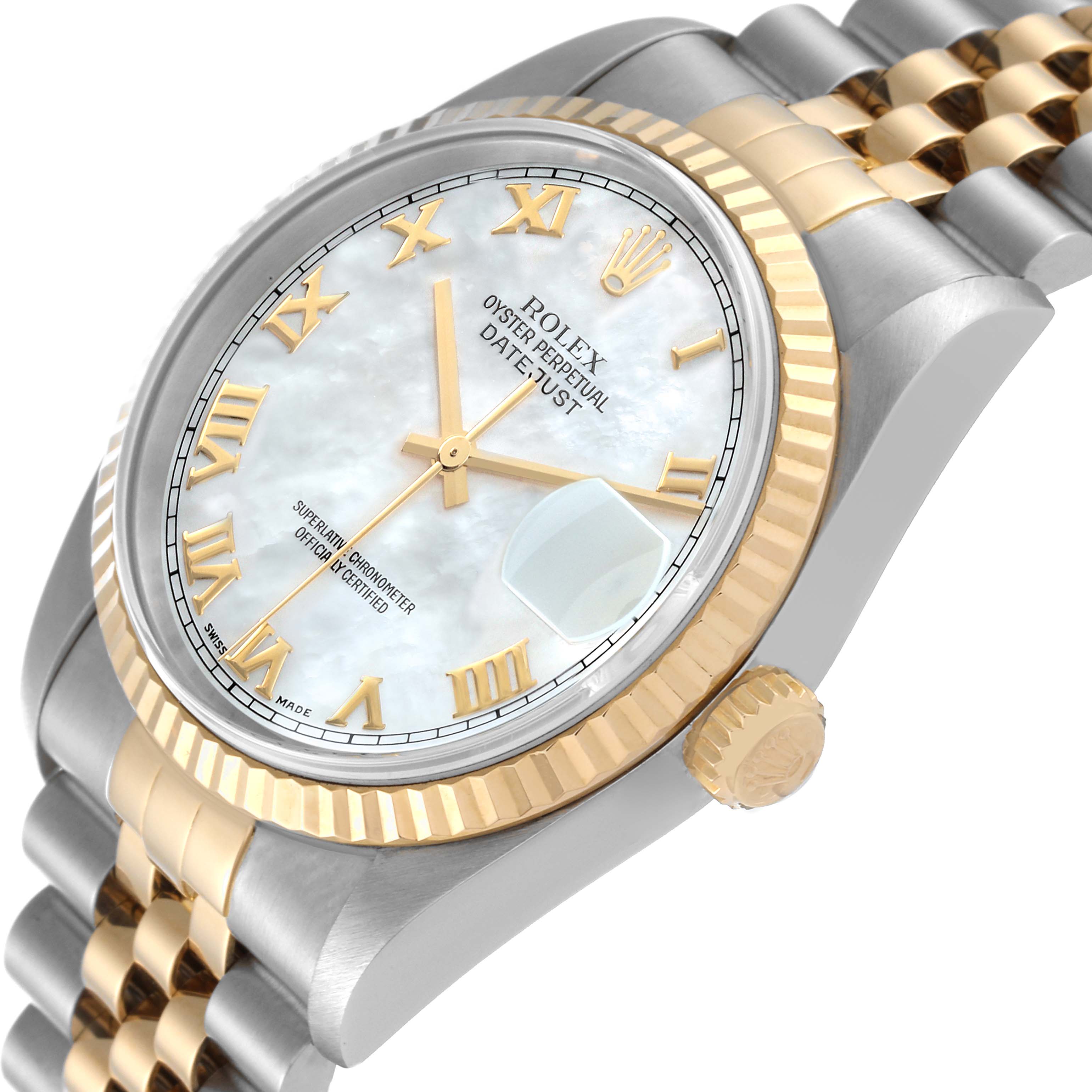 This image shows the dial, bezel, crown, and part of the bracelet of a Rolex Datejust 16233 Men's Steel and Gold (two tone) Mother of Pearl Dial 16233 Men's Steel and Gold (two tone) Mother of Pearl Dial watch at an angled side view.