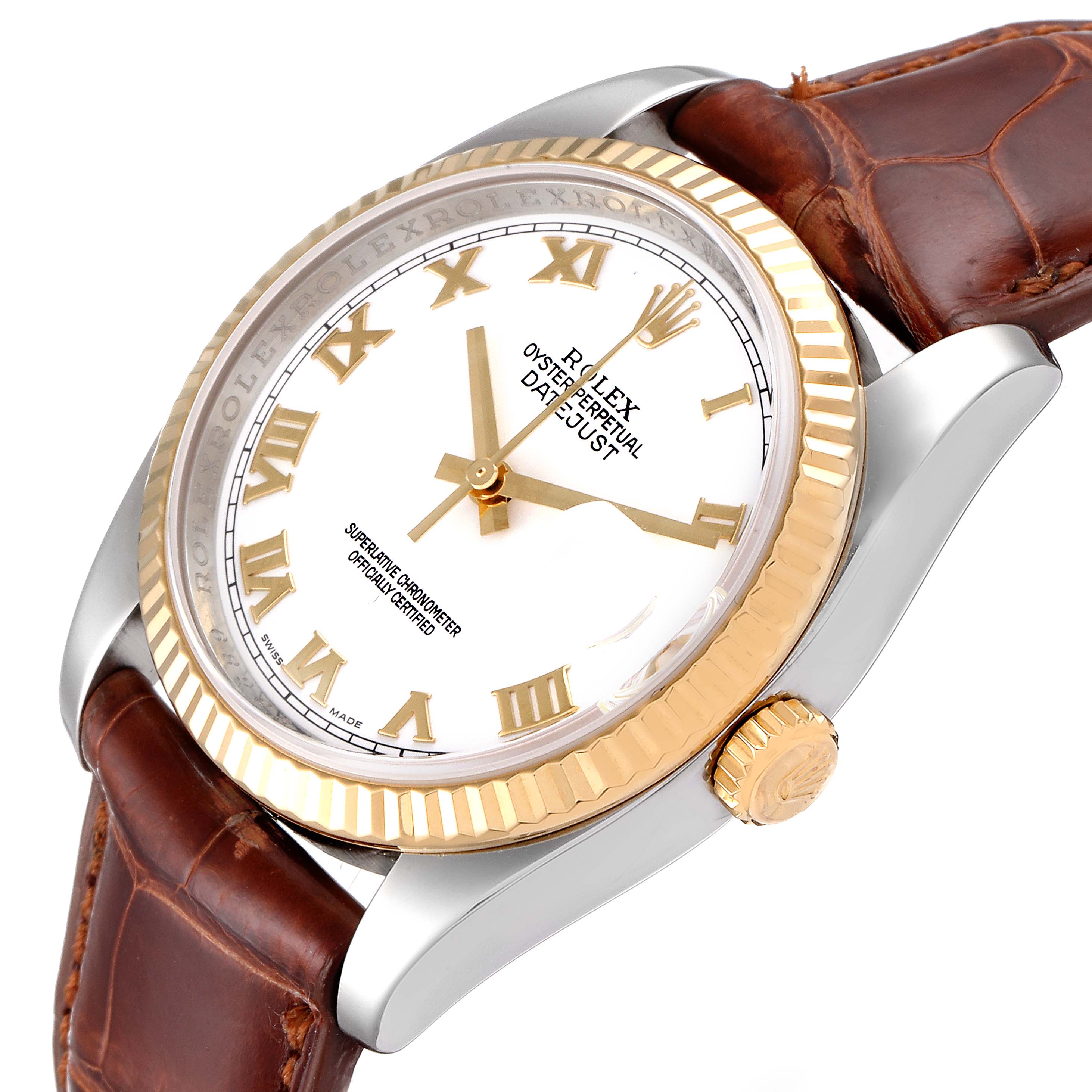 This image shows a Rolex Datejust 116233 Men's Steel and Gold (two tone) White Dial 116233 Men's Steel and Gold (two tone) White Dial watch from an angled side view, featuring its dial, bezel, crown, and leather strap.