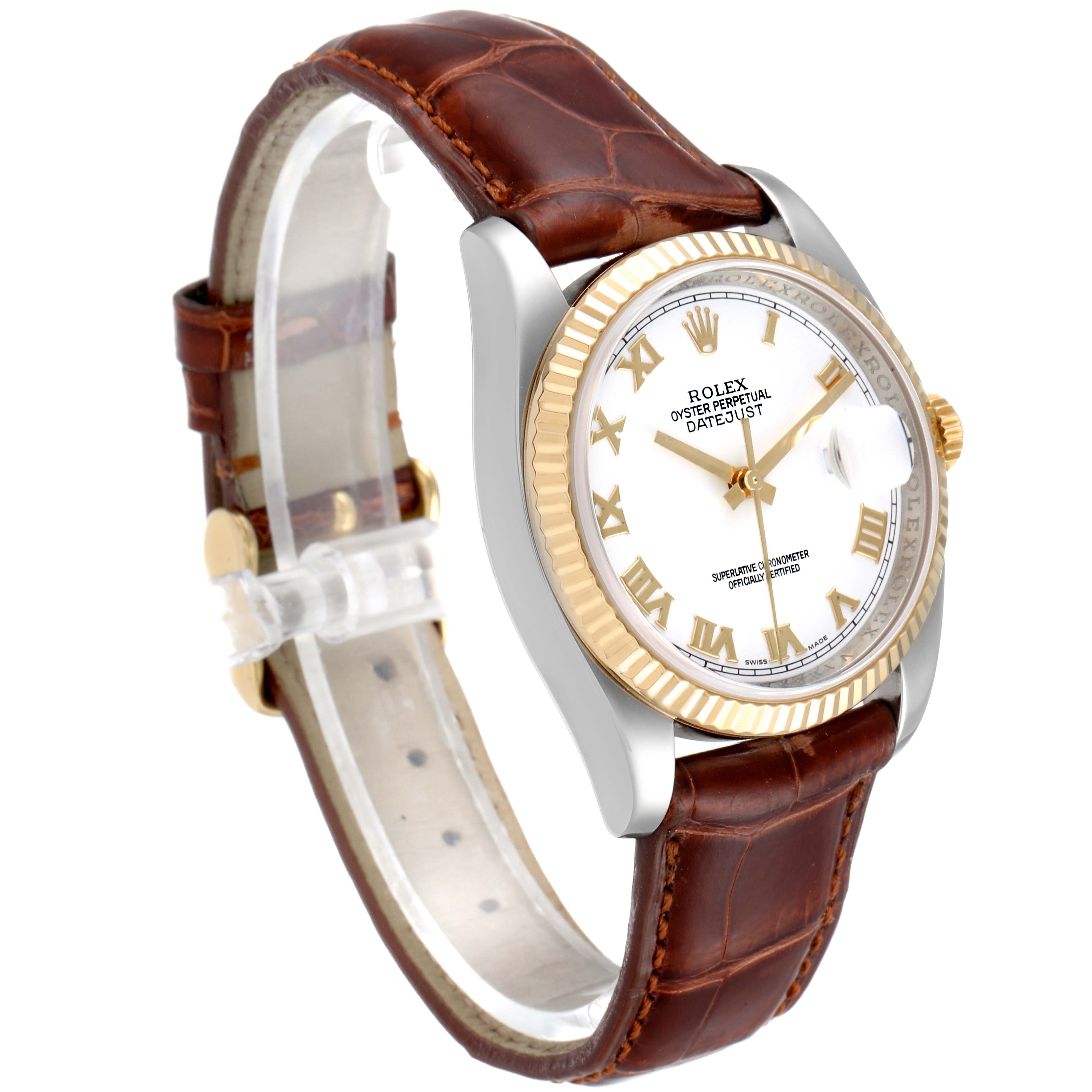 This image shows a Rolex Datejust 116233 Men's Steel and Gold (two tone) White Dial 116233 Men's Steel and Gold (two tone) White Dial watch at a slight angle, featuring its front view, gold bezel, white dial, and brown leather strap.