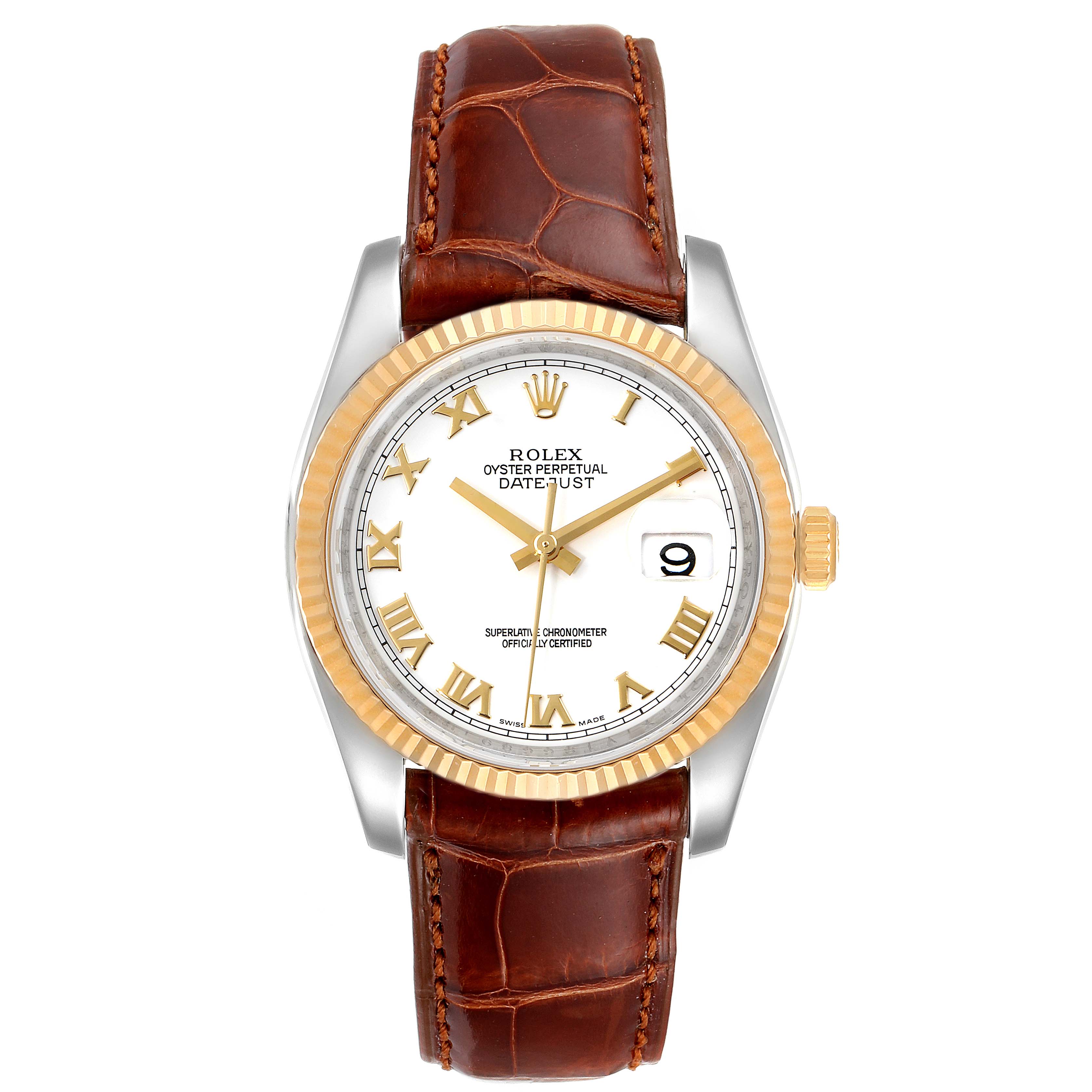 This Rolex Datejust 116233 Men's Steel and Gold (two tone) White Dial 116233 Men's Steel and Gold (two tone) White Dial watch is shown from a front angle, displaying the entire face, bezel, and brown leather strap.