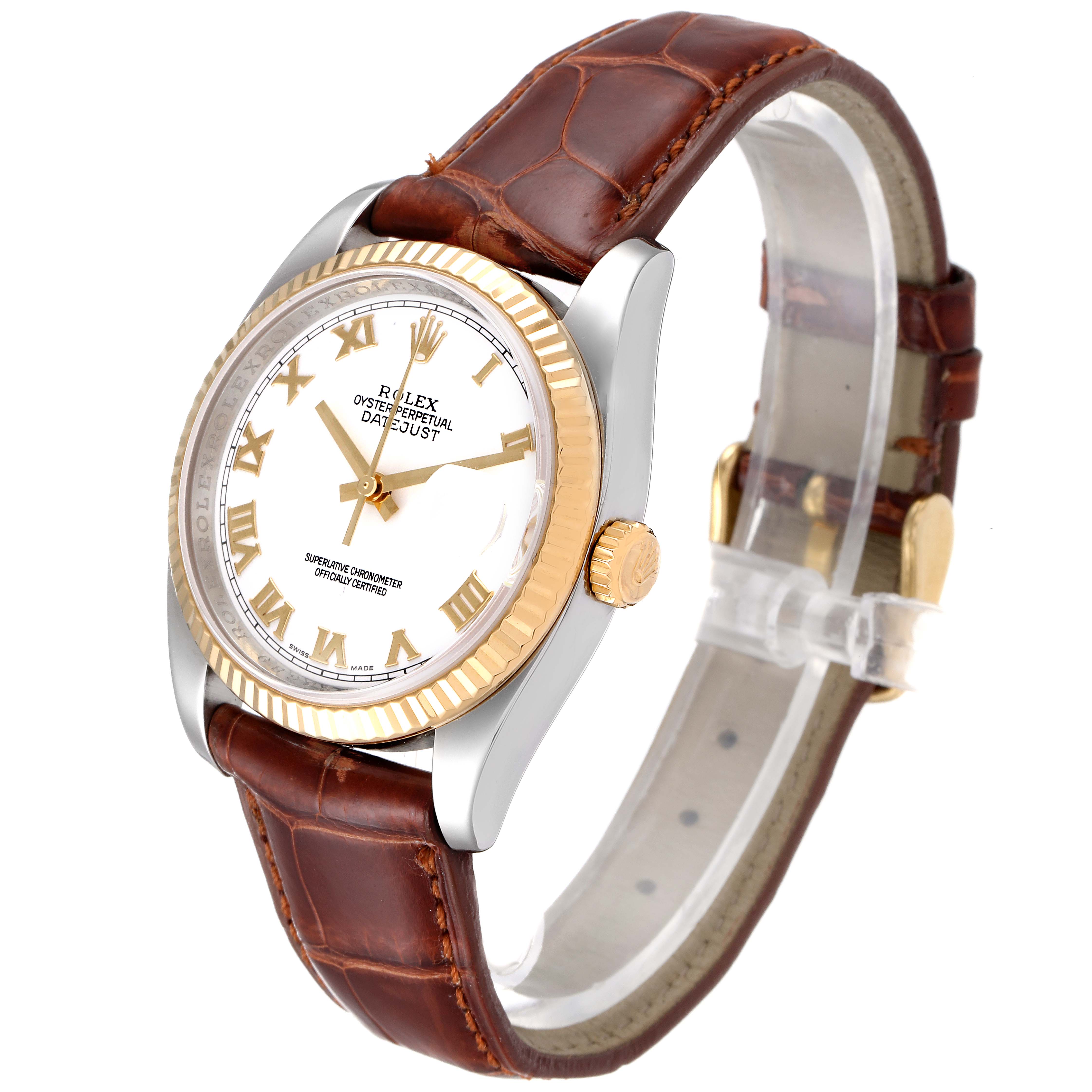 This Rolex Datejust 116233 Men's Steel and Gold (two tone) White Dial 116233 Men's Steel and Gold (two tone) White Dial watch is shown from an angle highlighting the dial, bezel, and leather strap.