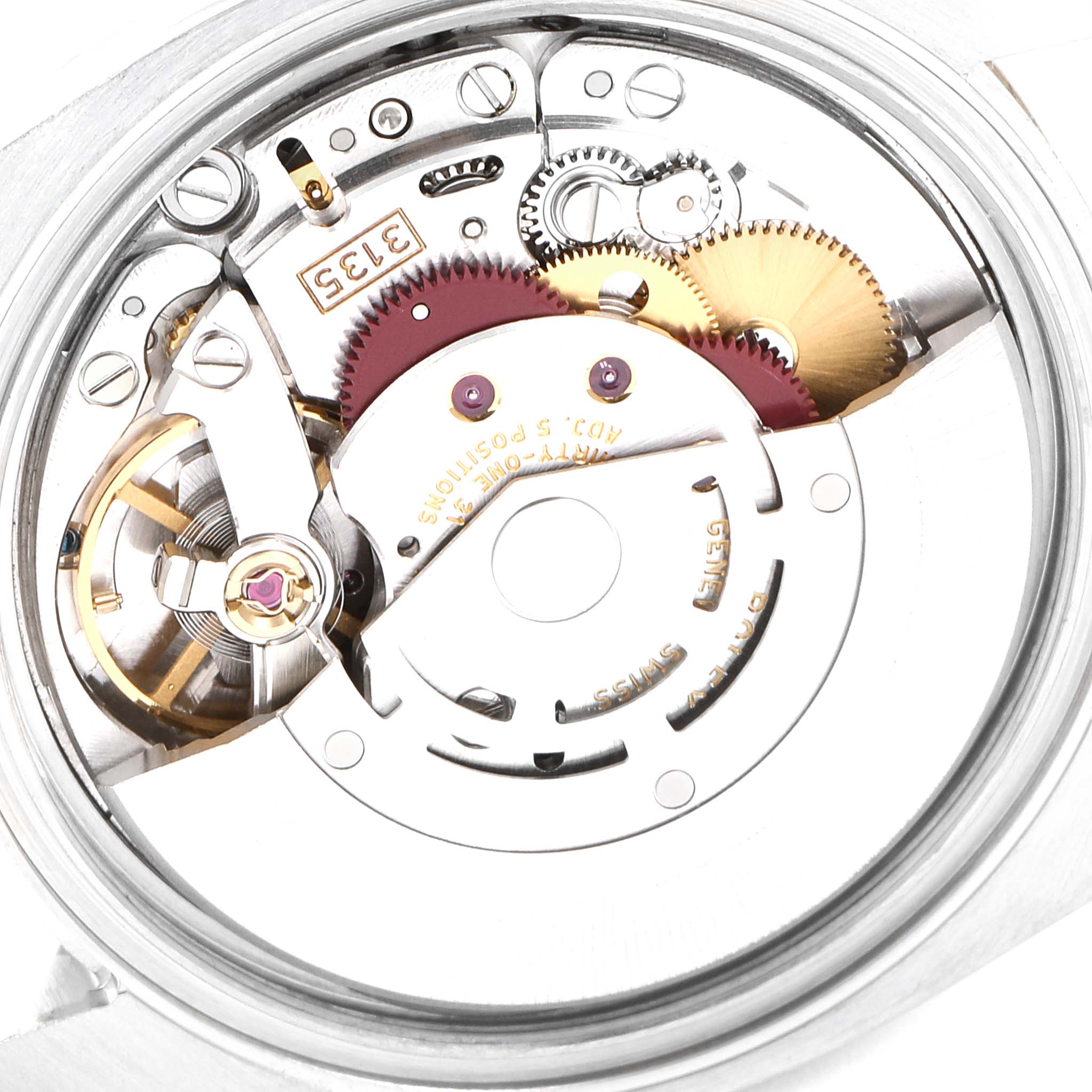 This image shows a close-up view of the internal movement mechanism of a Rolex Datejust 116233 Men's Steel and Gold (two tone) White Dial 116233 Men's Steel and Gold (two tone) White Dial watch, highlighting its gears and components.