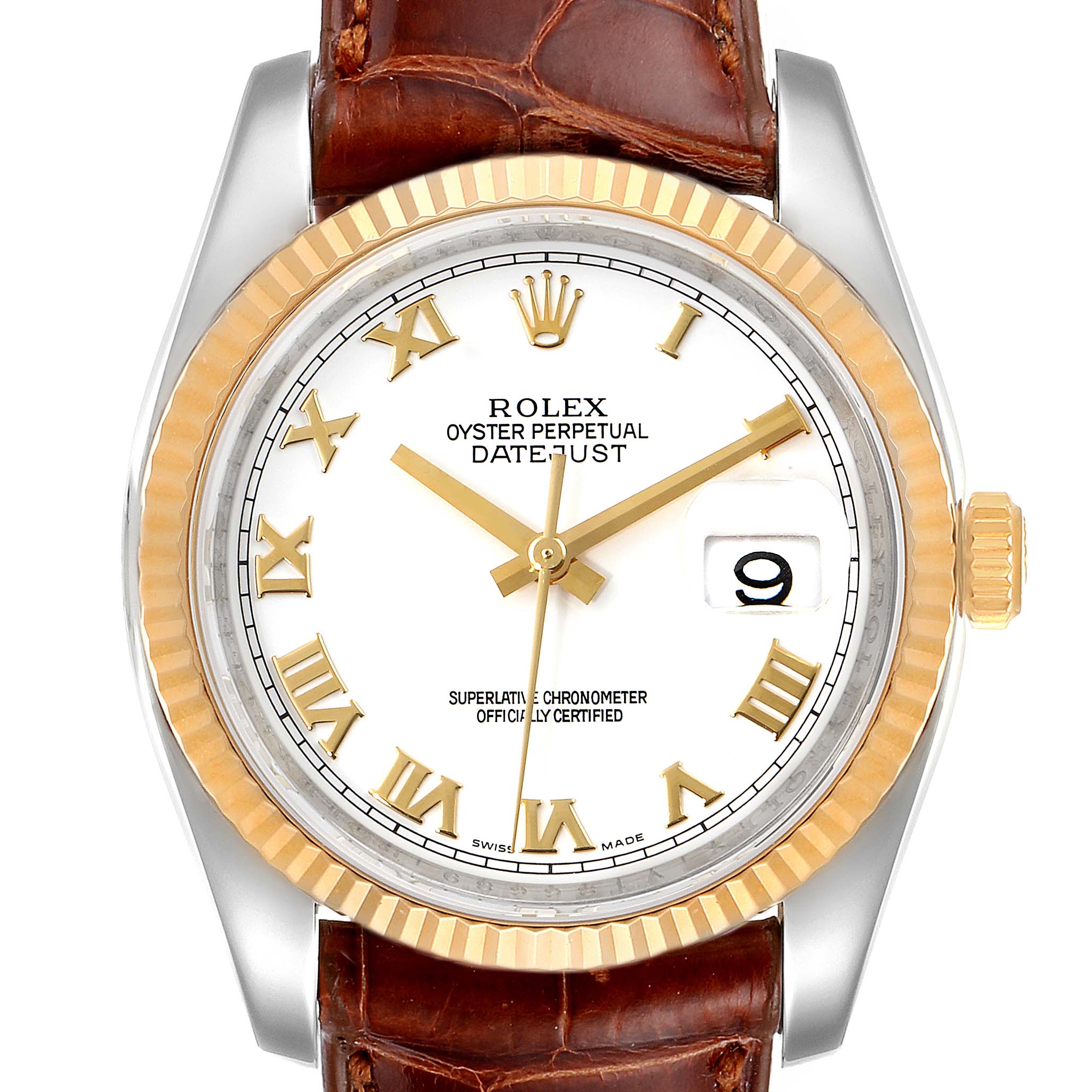 This image shows a front view of a Rolex Datejust 116233 Men's Steel and Gold (two tone) White Dial 116233 Men's Steel and Gold (two tone) White Dial watch with a white dial, gold Roman numerals, and a brown leather strap.