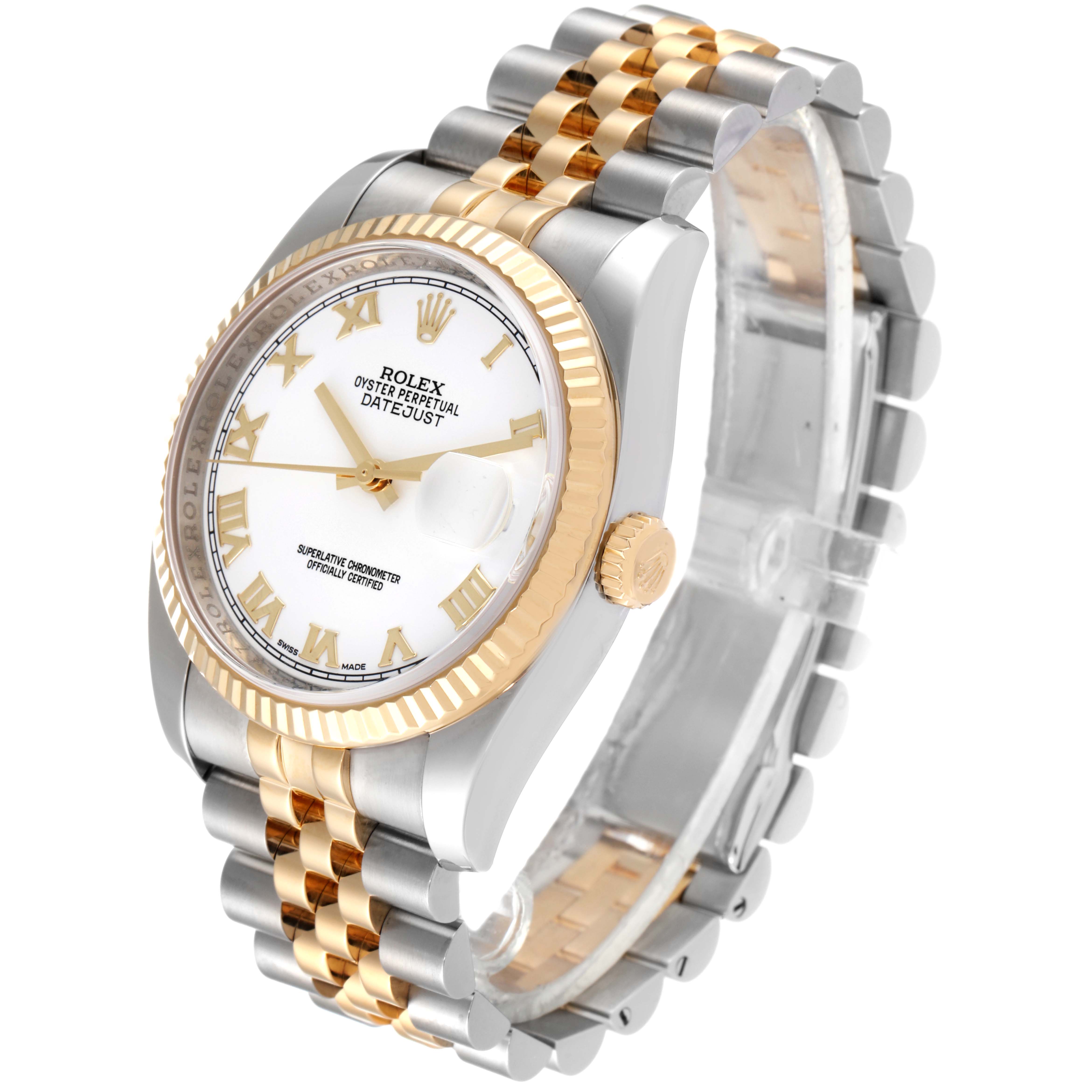 The Rolex Datejust 116233 Men's Steel and Gold (two tone) White Dial 116233 Men's Steel and Gold (two tone) White Dial model is shown at a slight angle, displaying its face, crown, and metal bracelet.