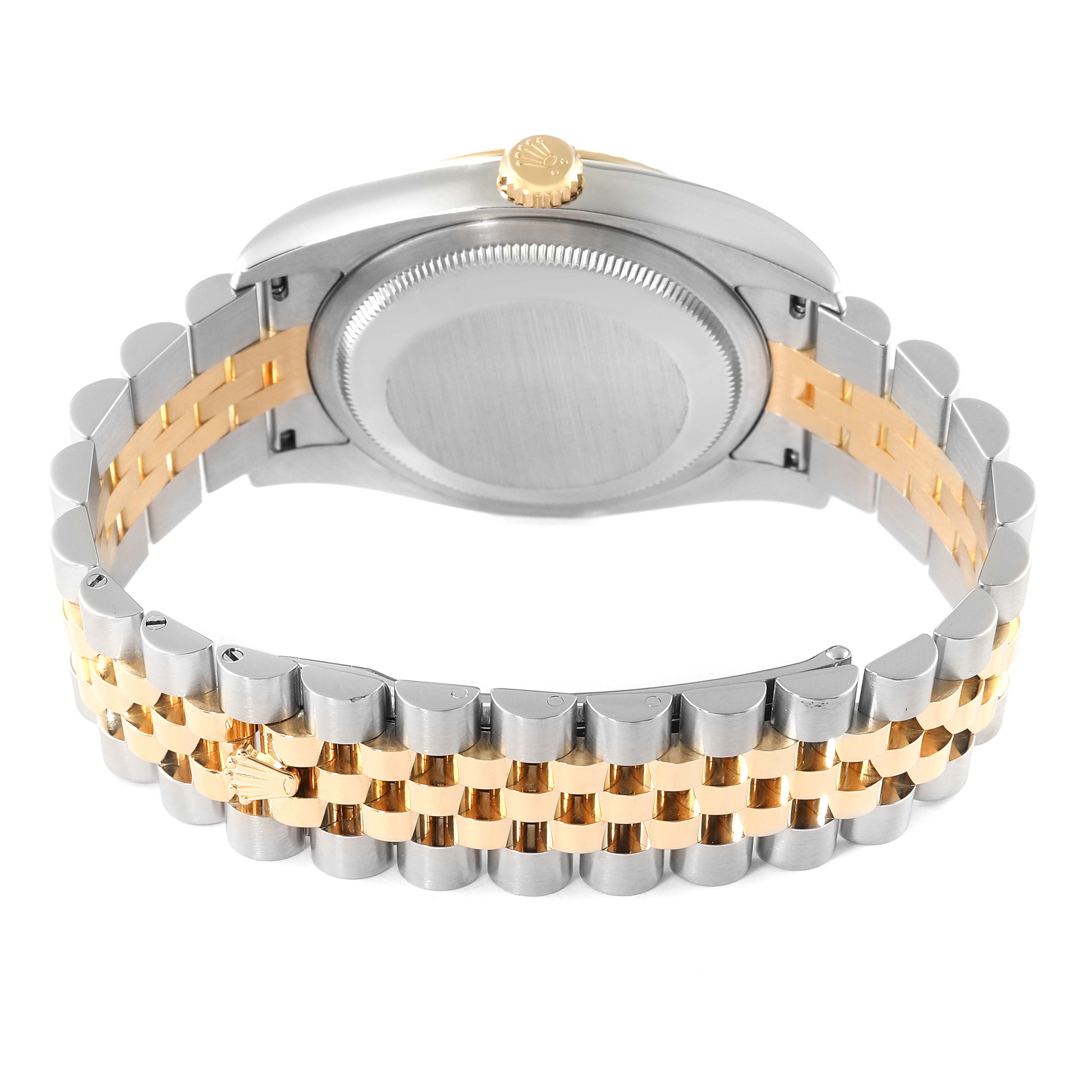 This image shows the back case and Jubilee bracelet of the Rolex Datejust 116233 Men's Steel and Gold (two tone) White Dial 116233 Men's Steel and Gold (two tone) White Dial watch.