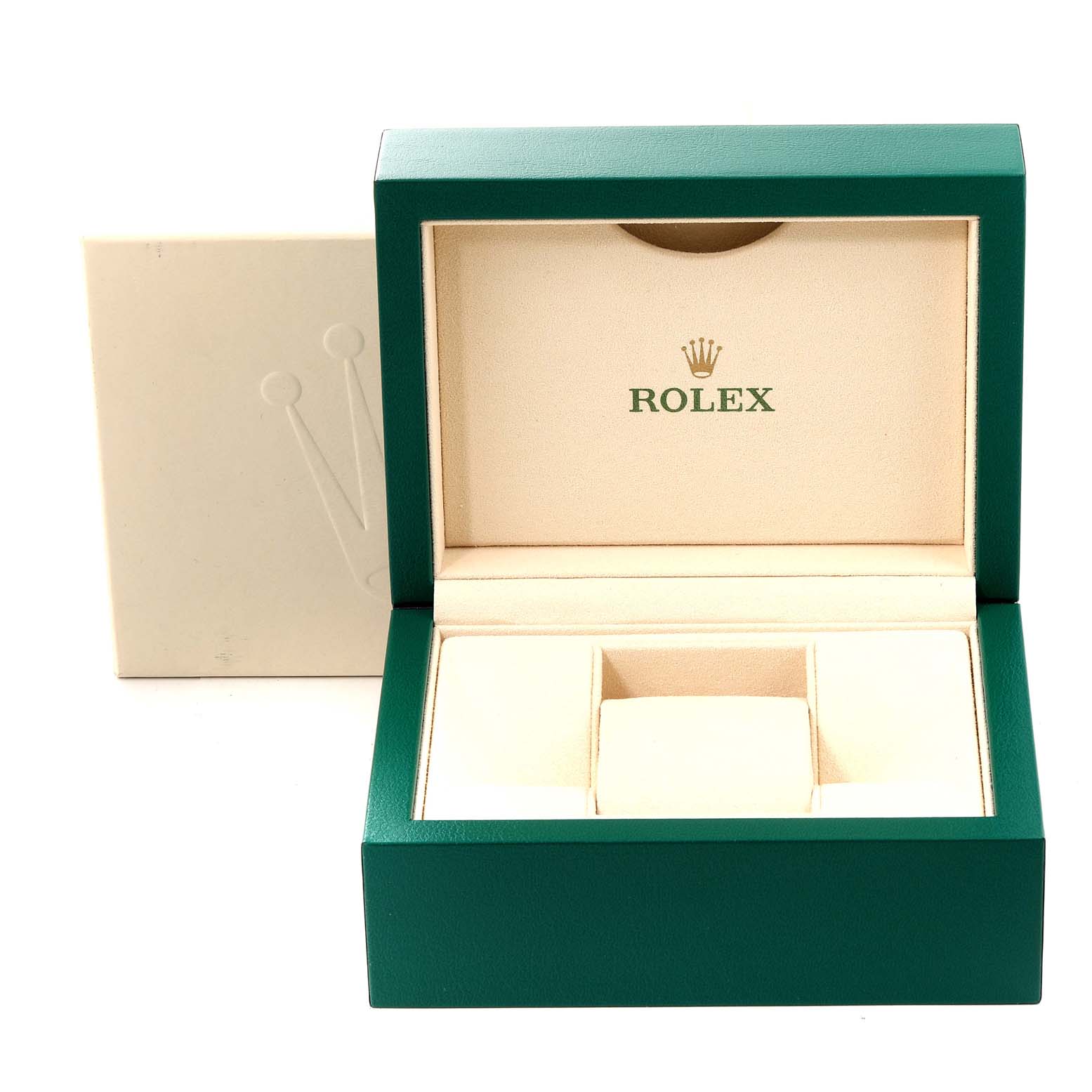 The image shows an open green Rolex Datejust 116233 Men's Steel and Gold (two tone) White Dial 116233 Men's Steel and Gold (two tone) White Dial watch box with beige interior compartments, viewed from the front.
