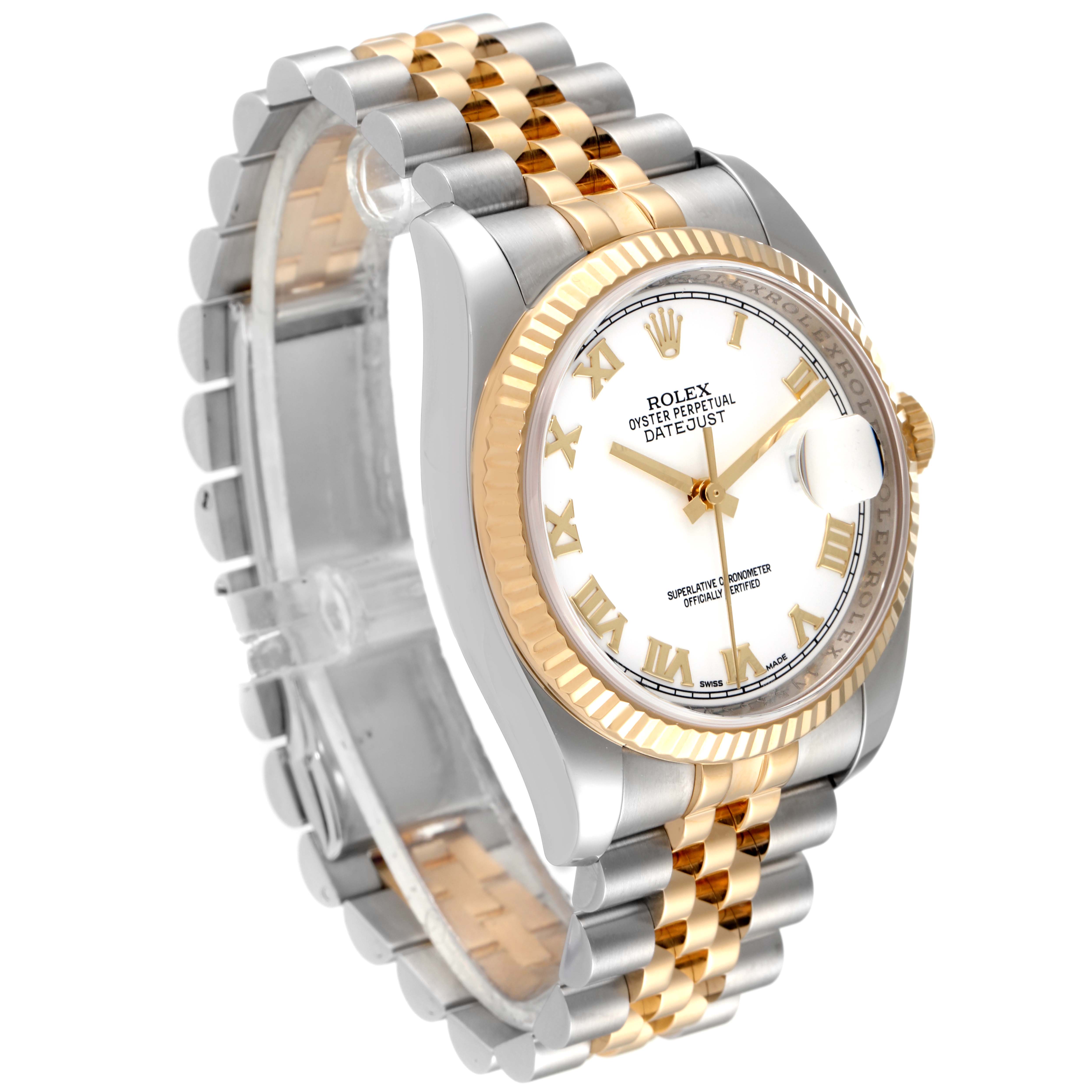 The image shows a Rolex Datejust 116233 Men's Steel and Gold (two tone) White Dial 116233 Men's Steel and Gold (two tone) White Dial watch at a 3/4 angle, highlighting its dial, bezel, crown, and Jubilee bracelet.