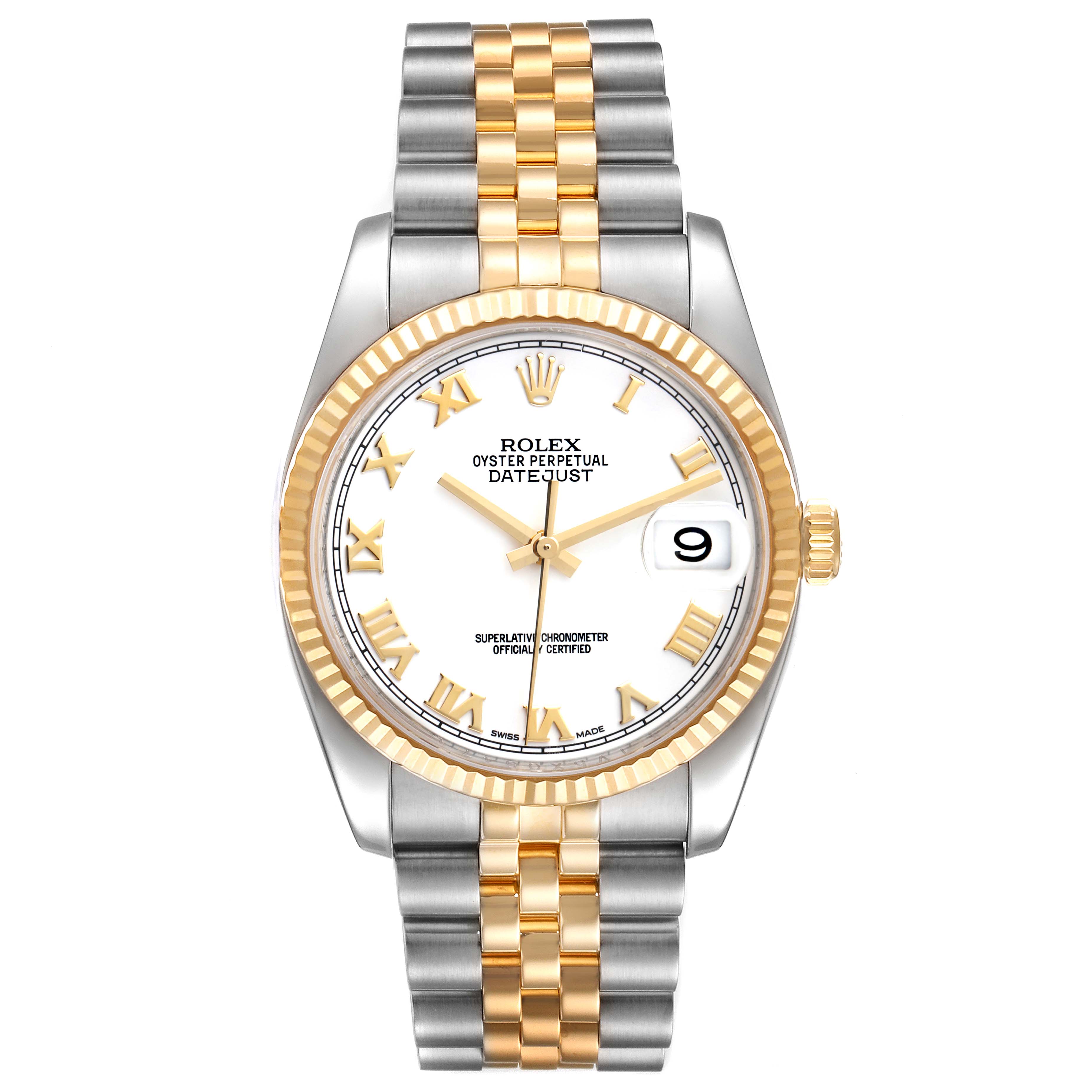 The image shows a front view of a Rolex Datejust 116233 Men's Steel and Gold (two tone) White Dial 116233 Men's Steel and Gold (two tone) White Dial watch, highlighting the gold and silver bracelet, dial, bezel, crown, and date window.