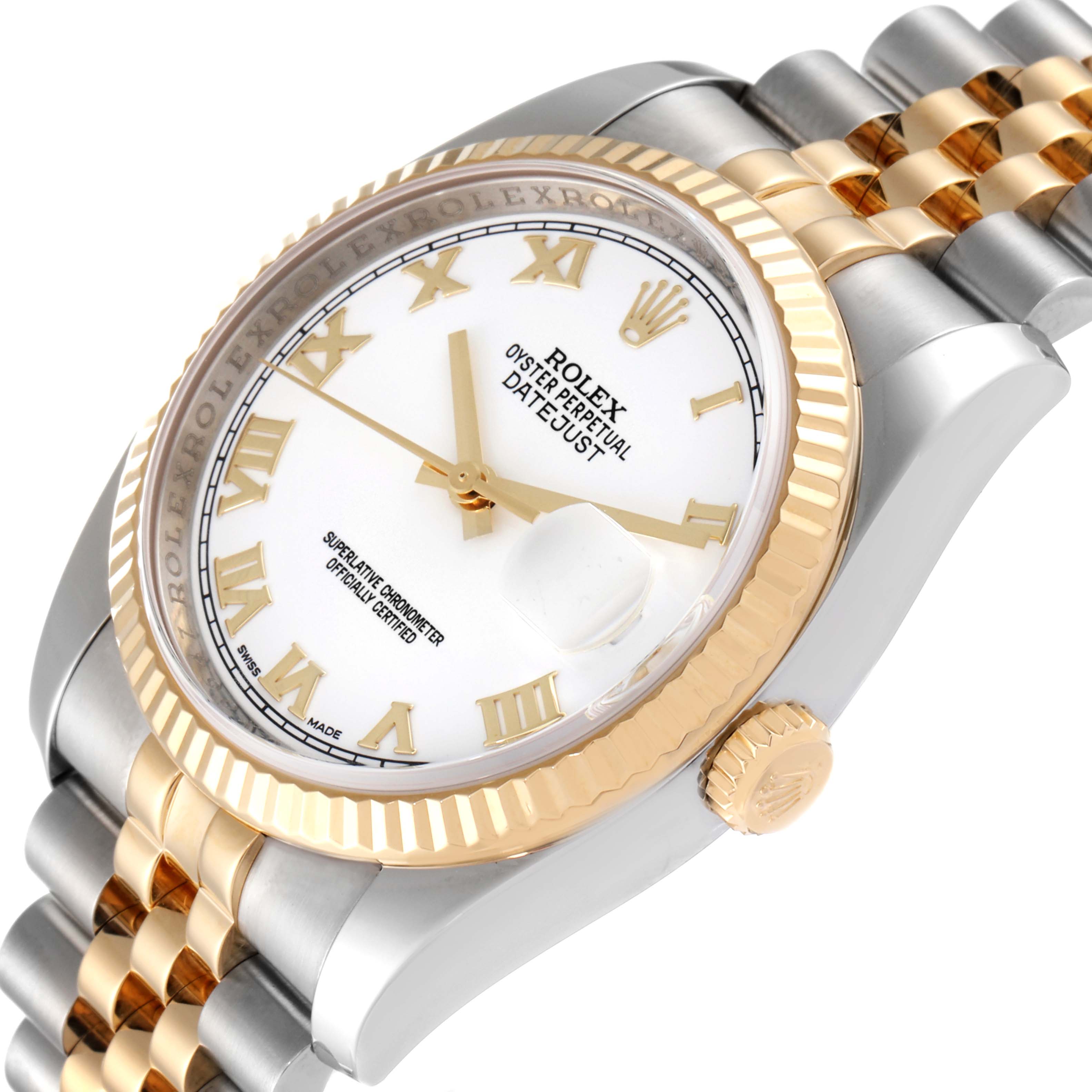 The image shows a close-up angled view of a Rolex Datejust 116233 Men's Steel and Gold (two tone) White Dial 116233 Men's Steel and Gold (two tone) White Dial watch, highlighting its dial, crown, and part of the bracelet.