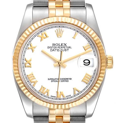 Photo of Rolex Datejust Steel Yellow Gold White Roman Dial Mens Watch 116233