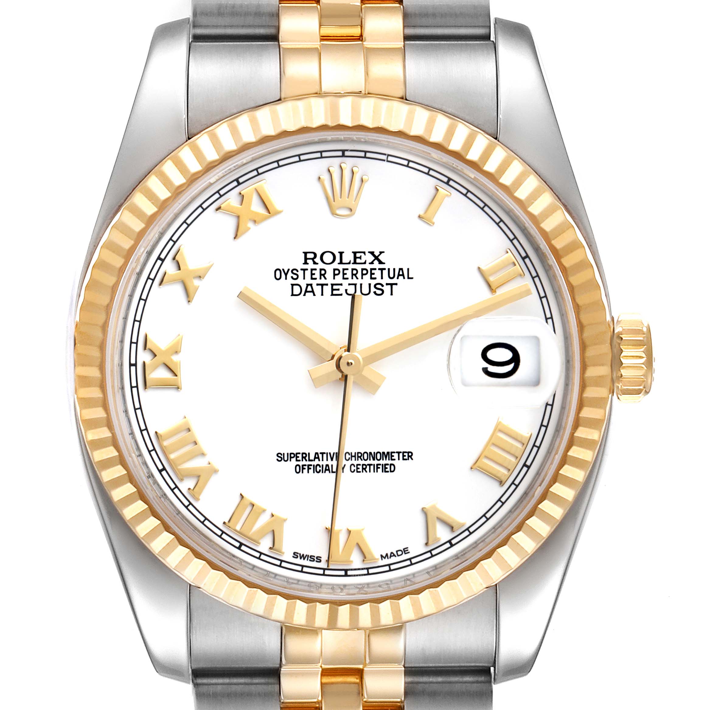 The image shows the face and part of the band of a Rolex Datejust 116233 Men's Steel and Gold (two tone) White Dial 116233 Men's Steel and Gold (two tone) White Dial watch, with Roman numerals, a date window, and a two-tone metal finish.