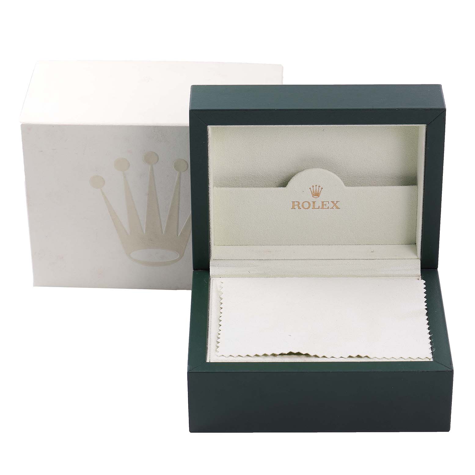 This is a front view of the packaging box for a Rolex Turn-o-Graph 116264 Men
s Stainless Steel Black Dial 116264 Men
s Stainless Steel Black Dial watch, showing an open green case with a white cleaning cloth and outer white box.