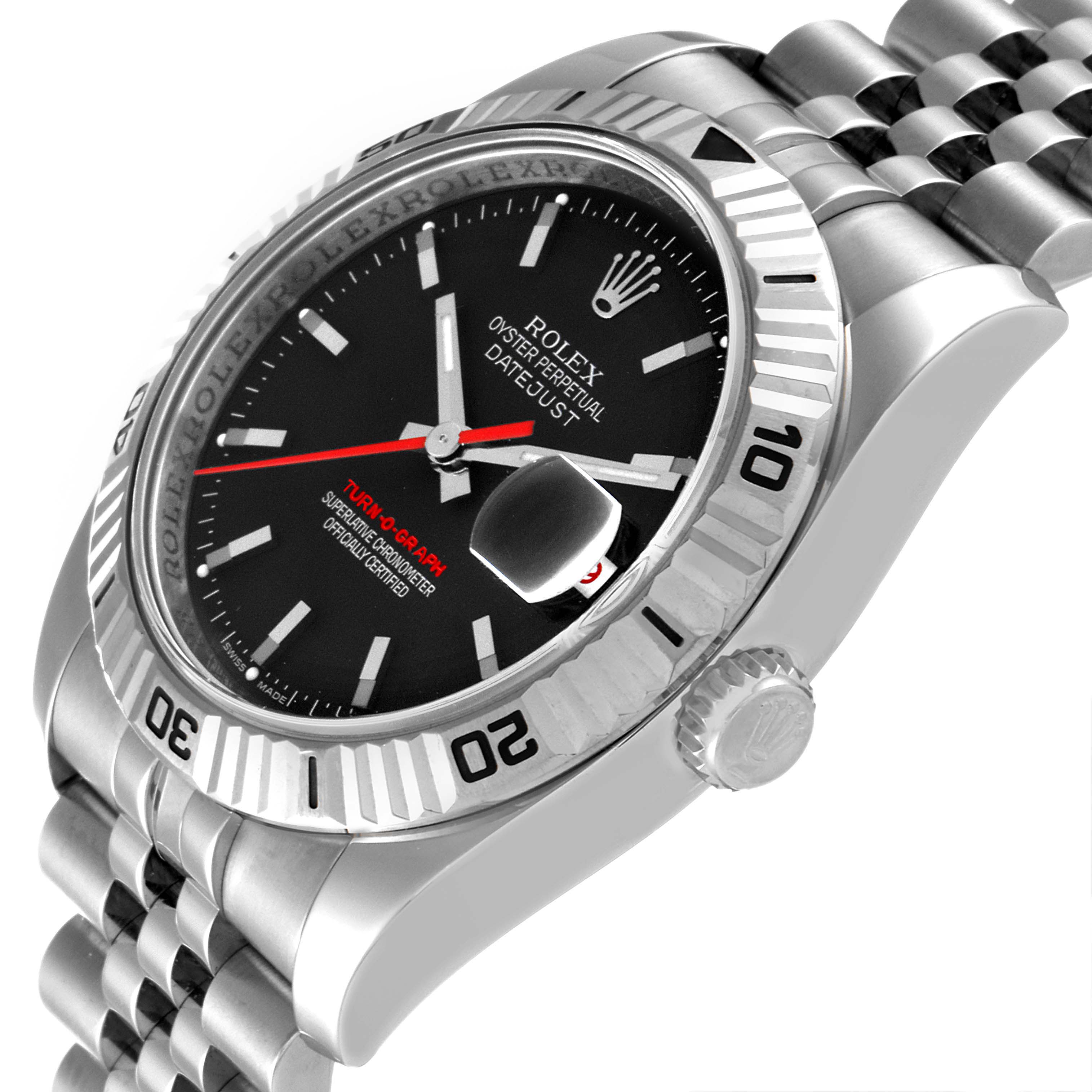 The Rolex Turn-o-Graph 116264 Men
s Stainless Steel Black Dial 116264 Men
s Stainless Steel Black Dial watch is shown at an angled view highlighting the bezel, crown, and partly the bracelet.